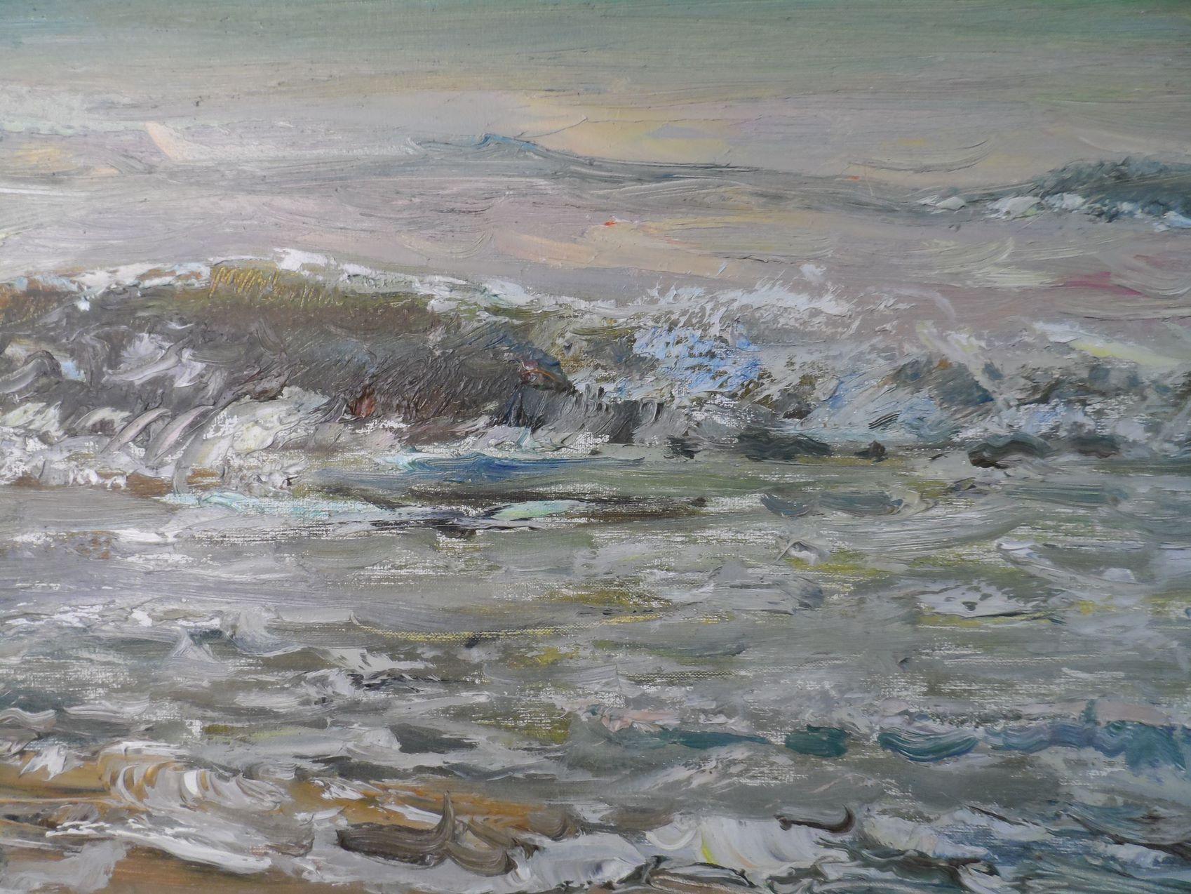 Soirée orageuse, paysage marin, peinture à l'huile originale, prête à être accrochée en vente 3
