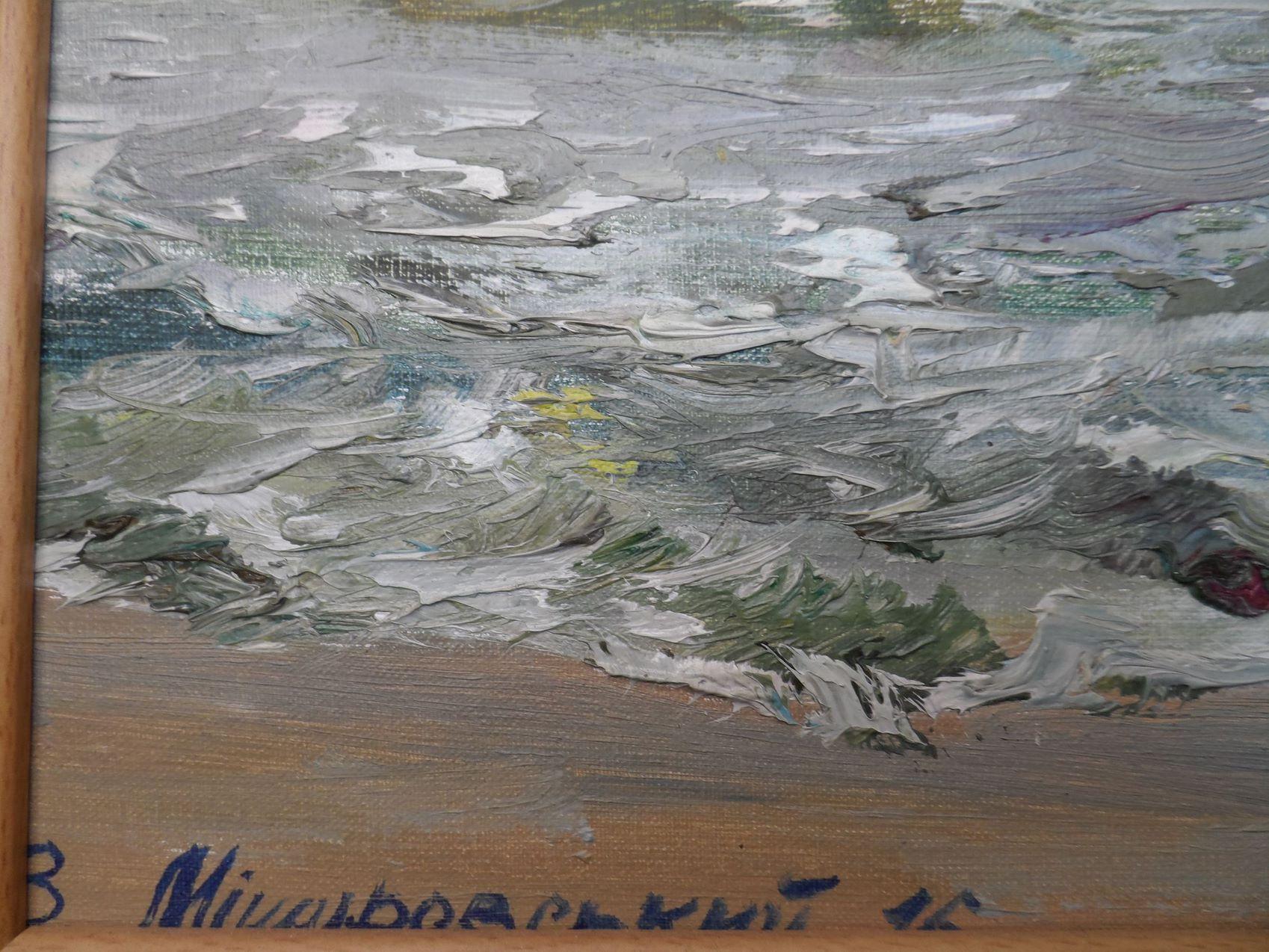 Soirée orageuse, paysage marin, peinture à l'huile originale, prête à être accrochée en vente 5
