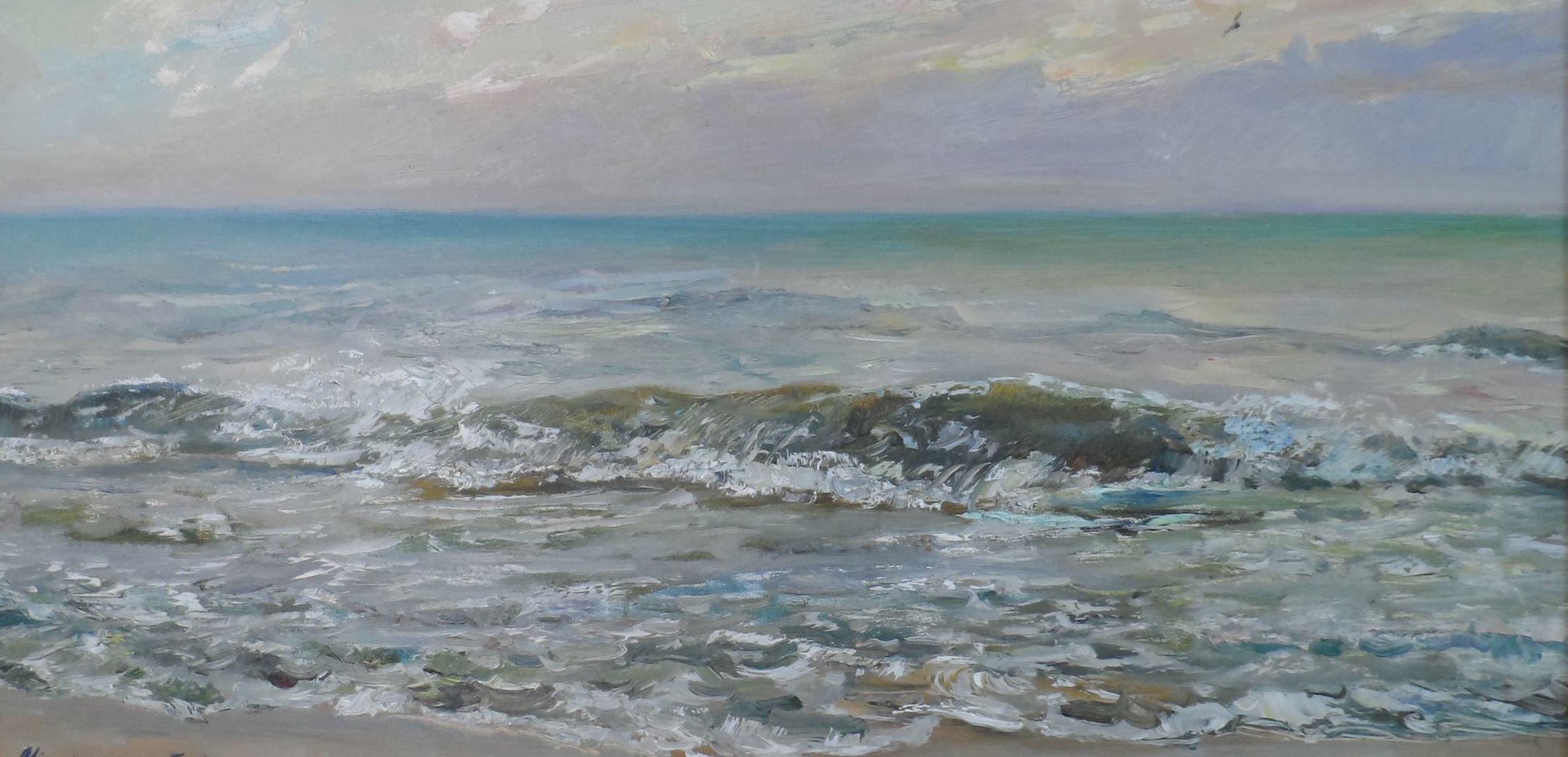 Soirée orageuse, paysage marin, peinture à l'huile originale, prête à être accrochée