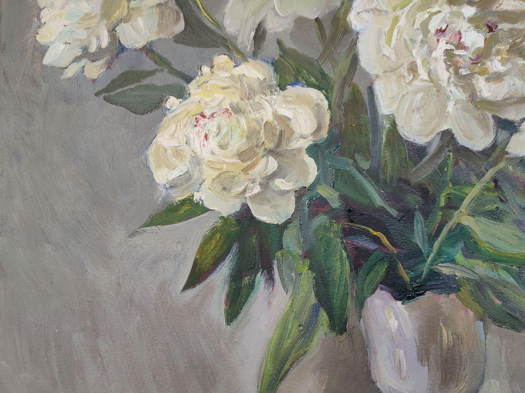 Artist: Mishurovski V.V.
Work: Original oil painting, handmade artwork, one of a kind 
Medium: Oil on Canvas
Style: Impressionism
Year: 2022
Title: White peonies on a silver background
Size: 27.5