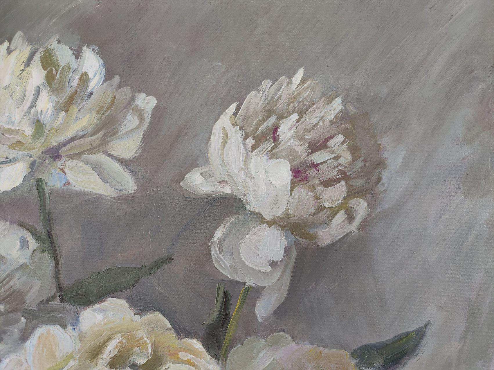 White peonies on a silver background, Flower Original oil Painting Ready to Hang For Sale 4