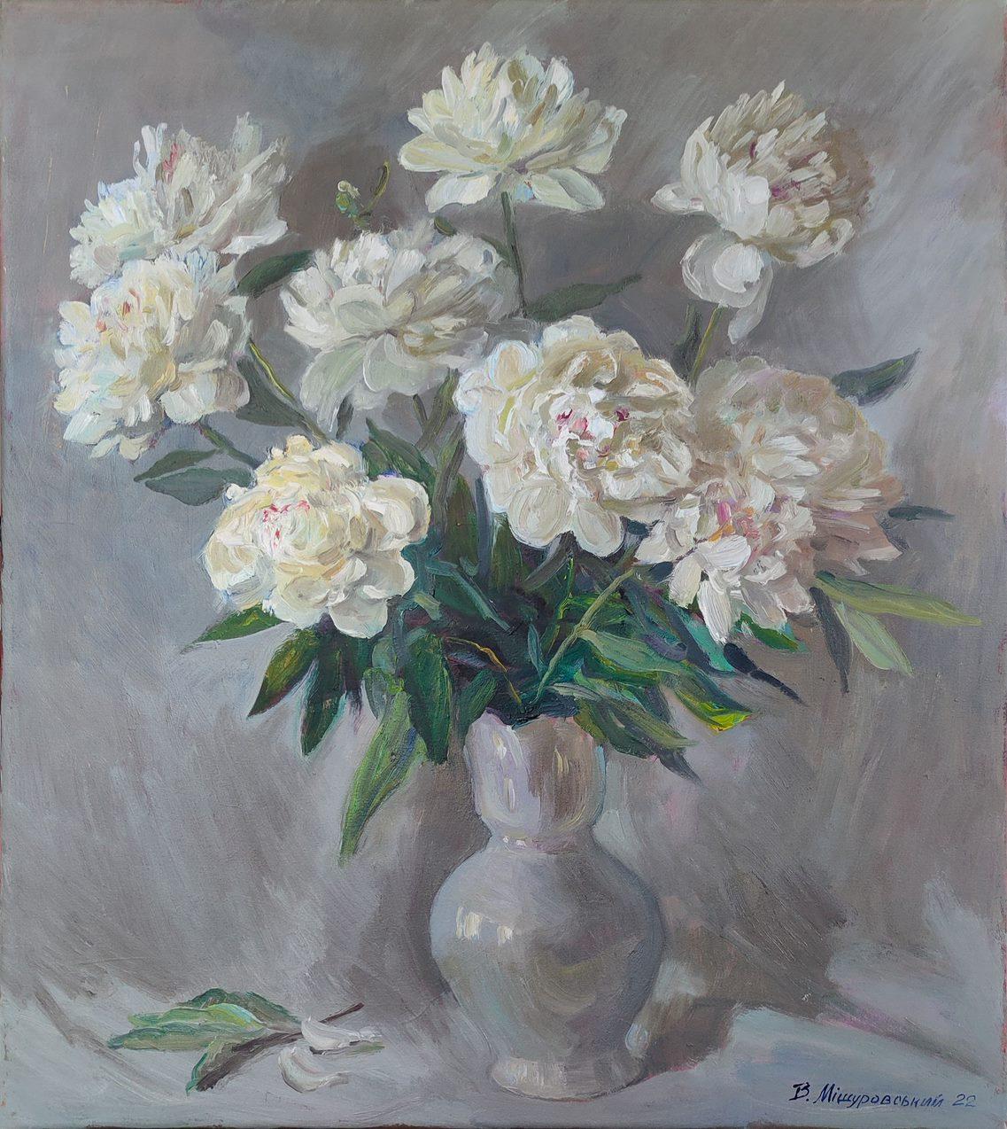 Mishurovskiy V. Still-Life Painting - White peonies on a silver background, Flower Original oil Painting Ready to Hang