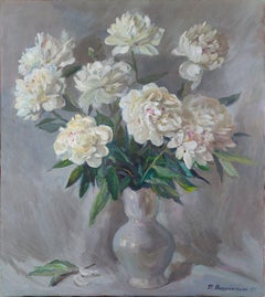 White peonies on a silver background, Original oil Painting, Ready to Hang