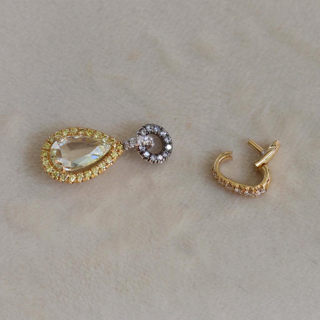 Mismatched 1.53 Carat Rose-Cut Yellow Blue White Diamond Charm Halo Earrings 14
