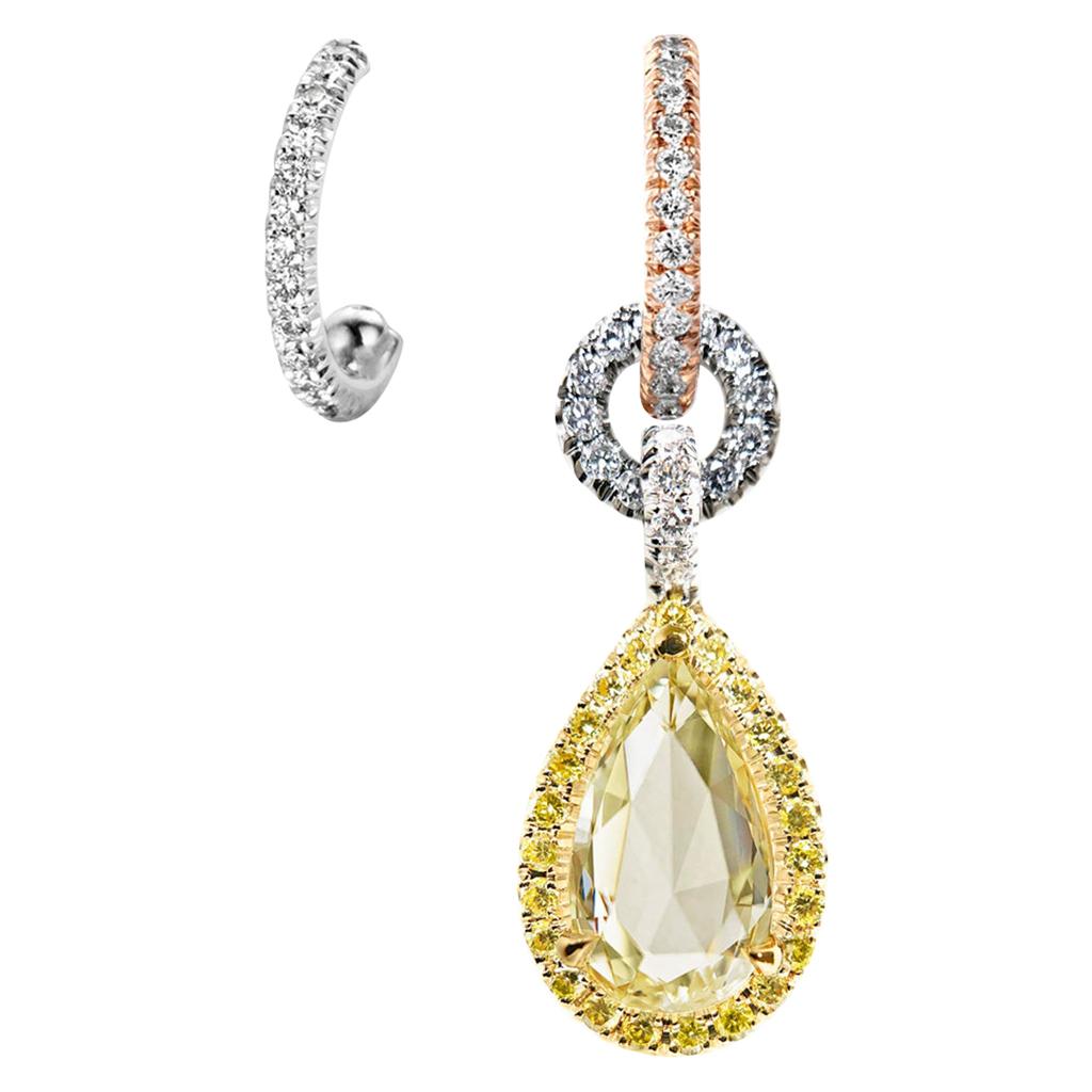 Mismatched 1.53 Carat Rose-Cut Yellow Blue White Diamond Charm Halo Earrings