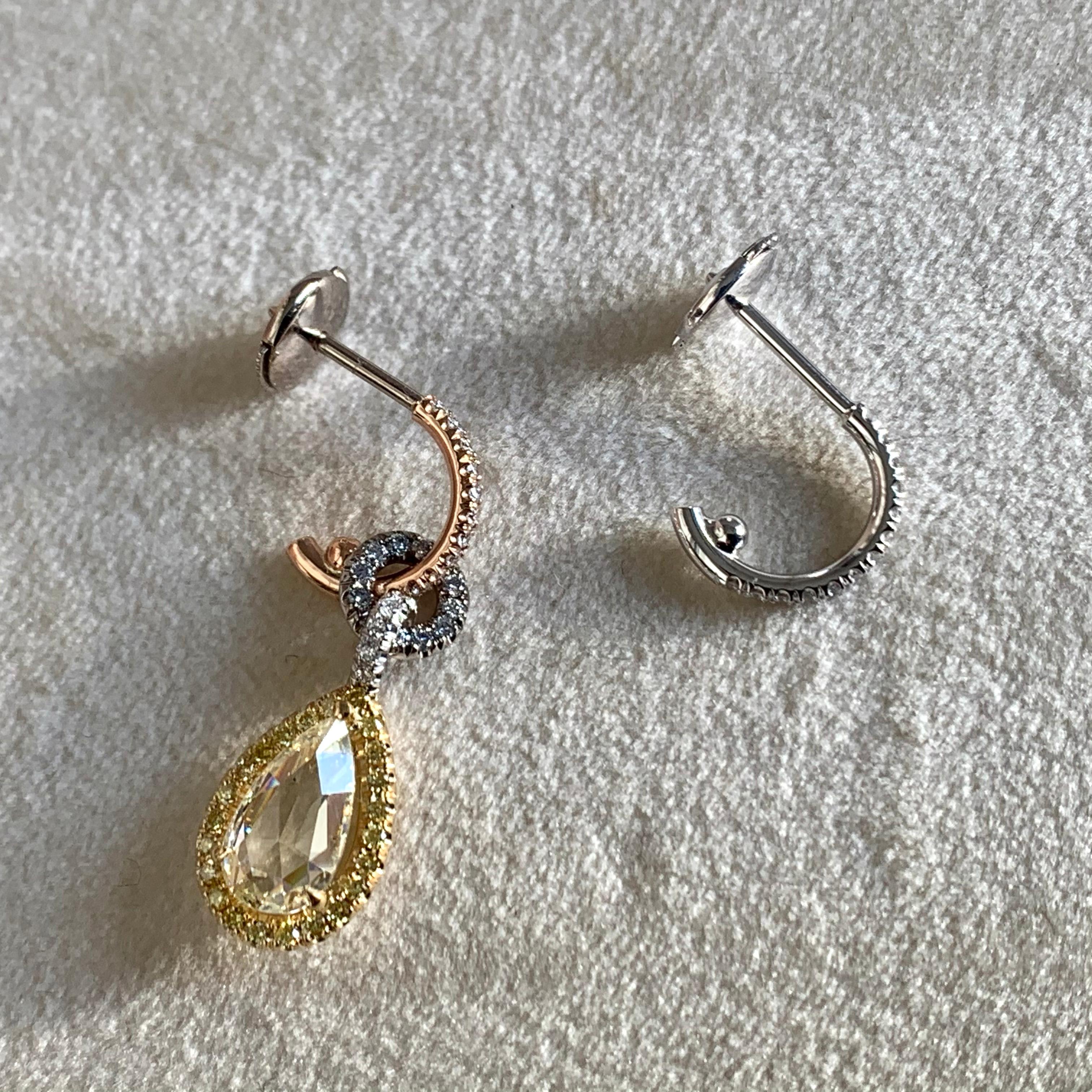 Mismatched 1.53 Carat Rose-Cut Yellow Blue White Diamond Charm Halo Earrings 3