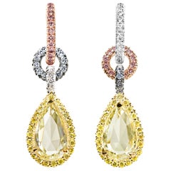 Mismatched 2.88 ct. Rose-Cut Yellow Pink Blue White Diamond Charm Halo Earrings