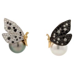 Mismatched Black & White Diamond Butterfly Pearl Drop Earrings 2.08 CTTW 18KT
