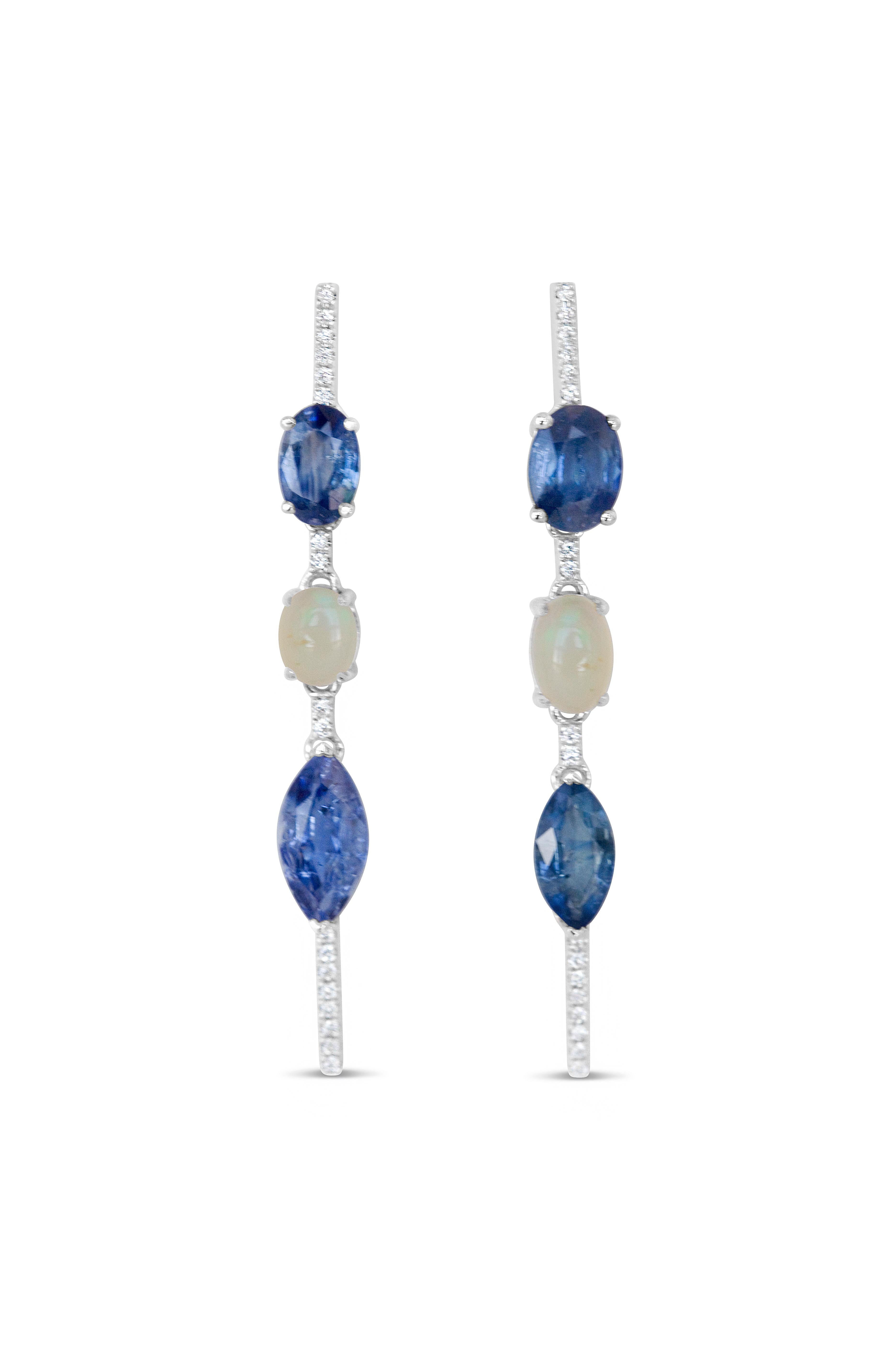 Mismatched Blue Sapphire, Opal and Diamond Bar Earrings In New Condition In Houston, TX