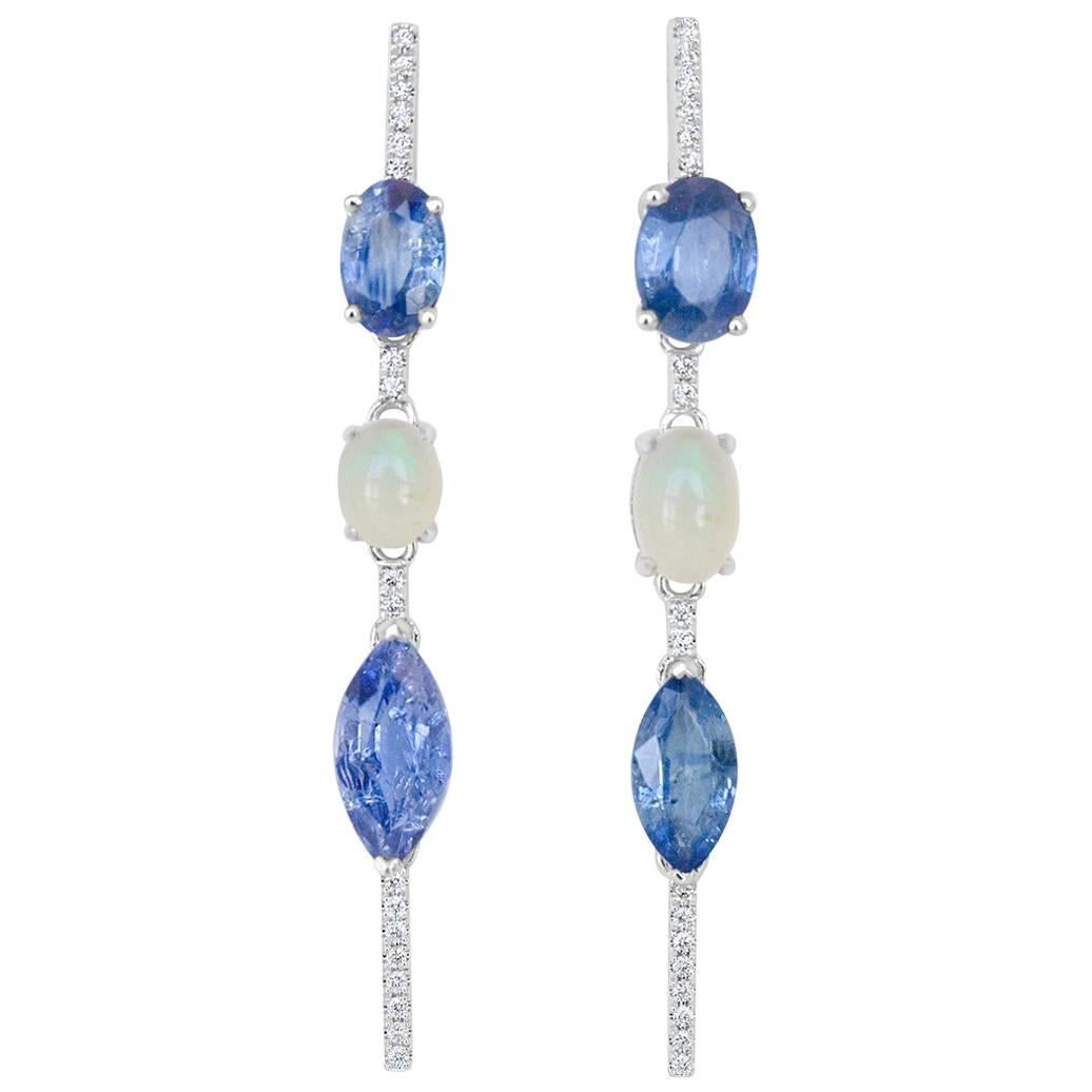 Mismatched Blue Sapphire, Opal and Diamond Bar Earrings