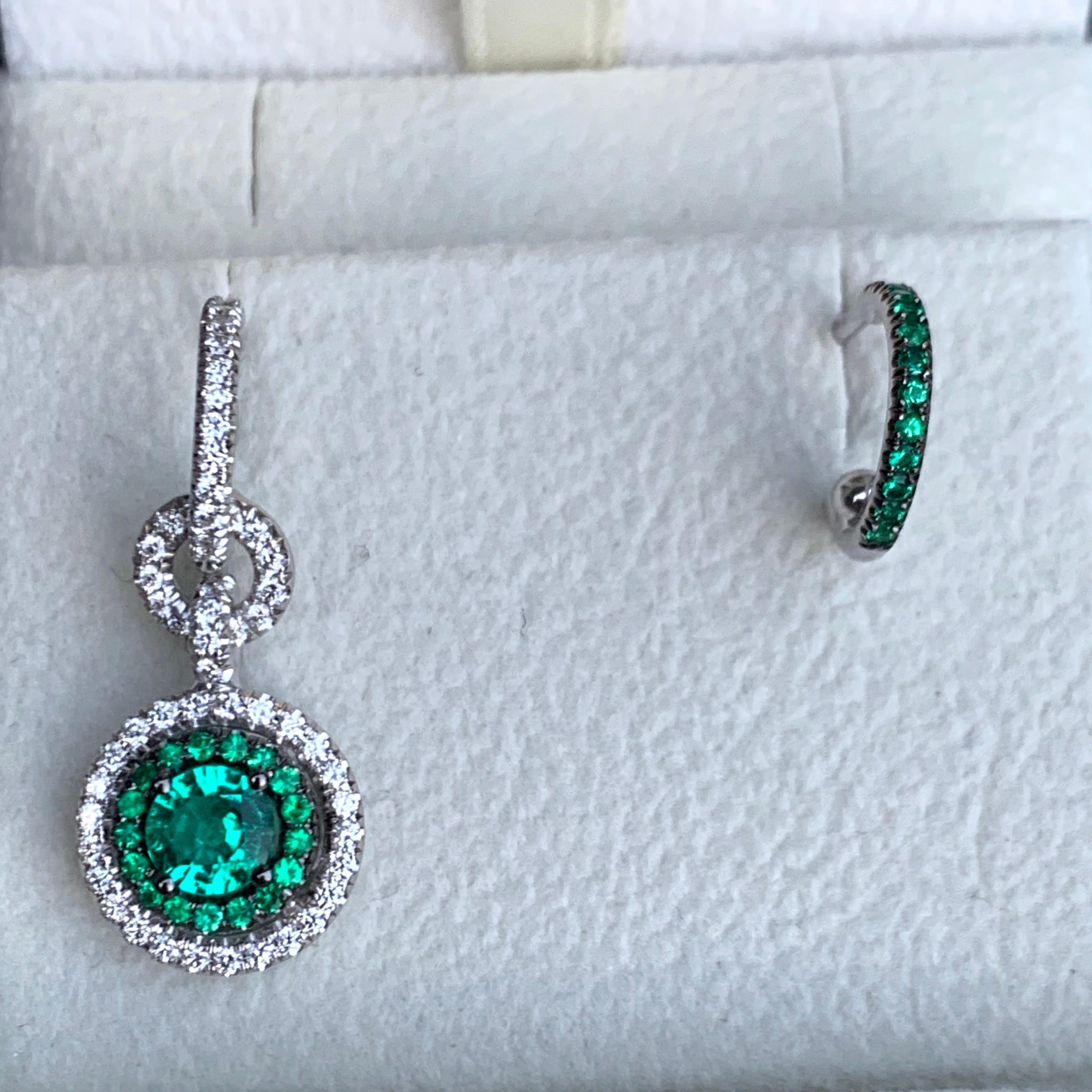 Contemporary Mismatched Colombian Emerald and Diamond Earrings & Enhancer Bail