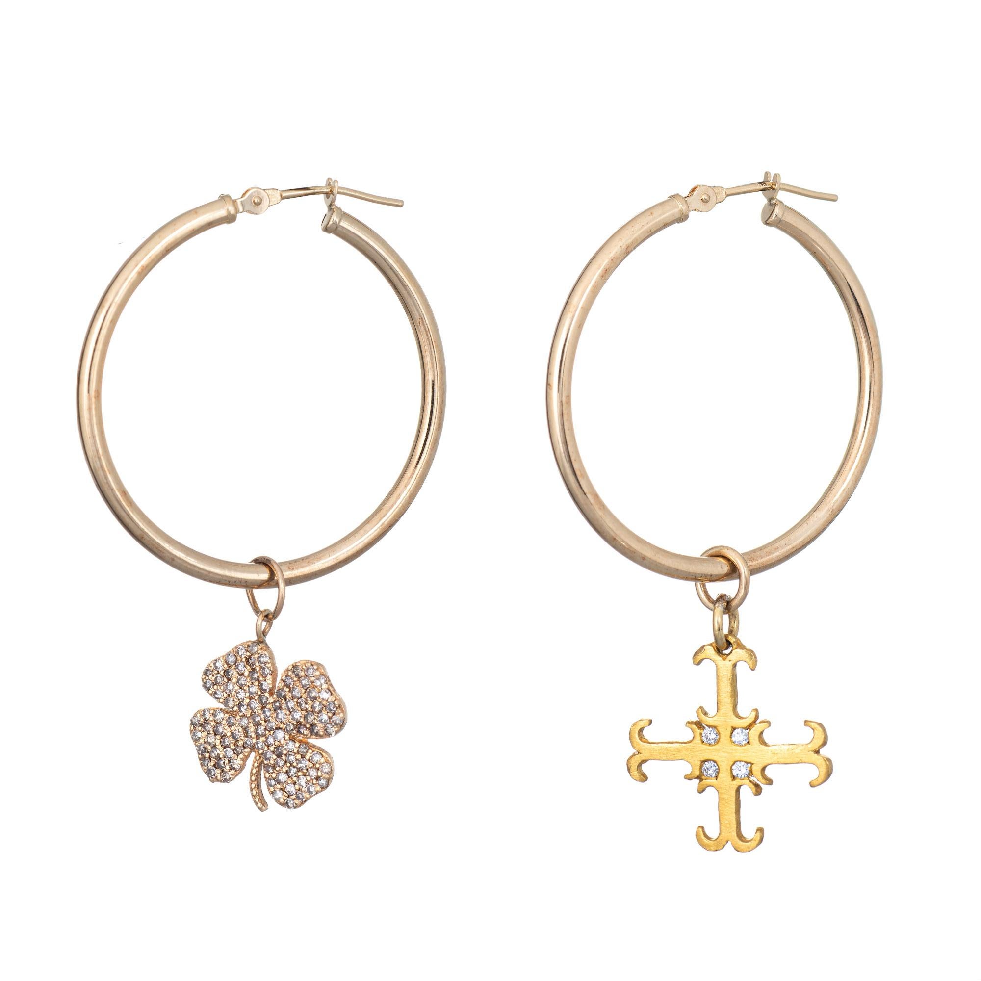 Modern Mismatched Diamond Hoop Earrings Four Leaf Clover Cross Vintage Round Jewelry For Sale