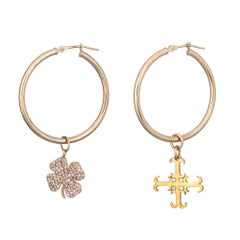 Mismatched Diamond Hoop Earrings Four Leaf Clover Cross Vintage Round Jewelry