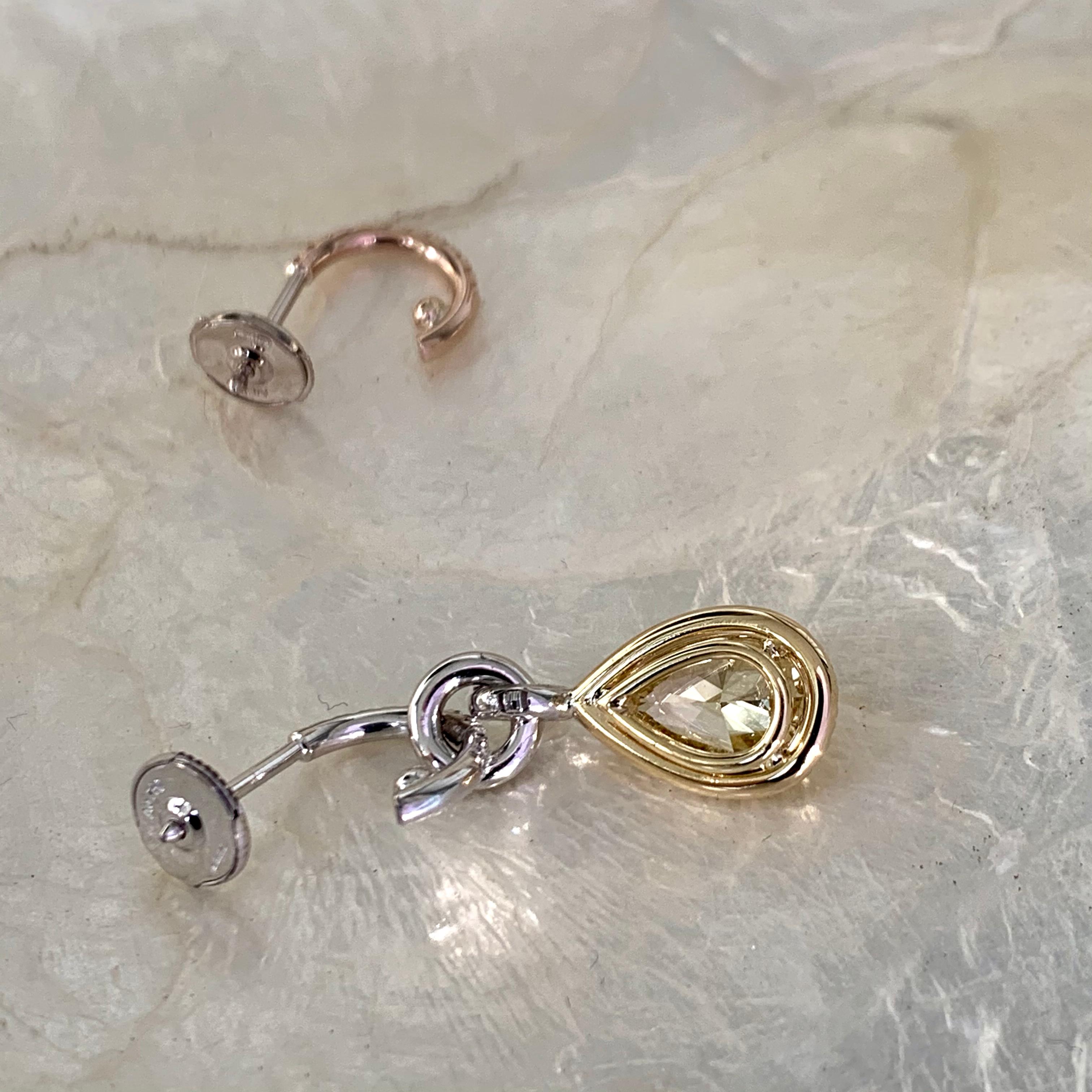 Women's Mismatched GIA Cert 1.50 Ct Yellow Blue Diamond Charm Earrings & Enhancer Bail