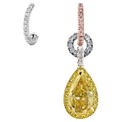 Boucles d'oreilles en diamants jaunes, bleus et roses en forme de poire de 1,50 carat, certifis par le GIA