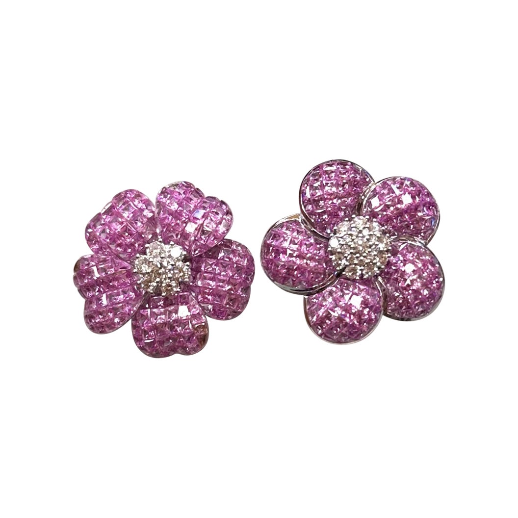 Mismatched Invisibly-Set Pink Sapphire and Diamond Flower Earrings
