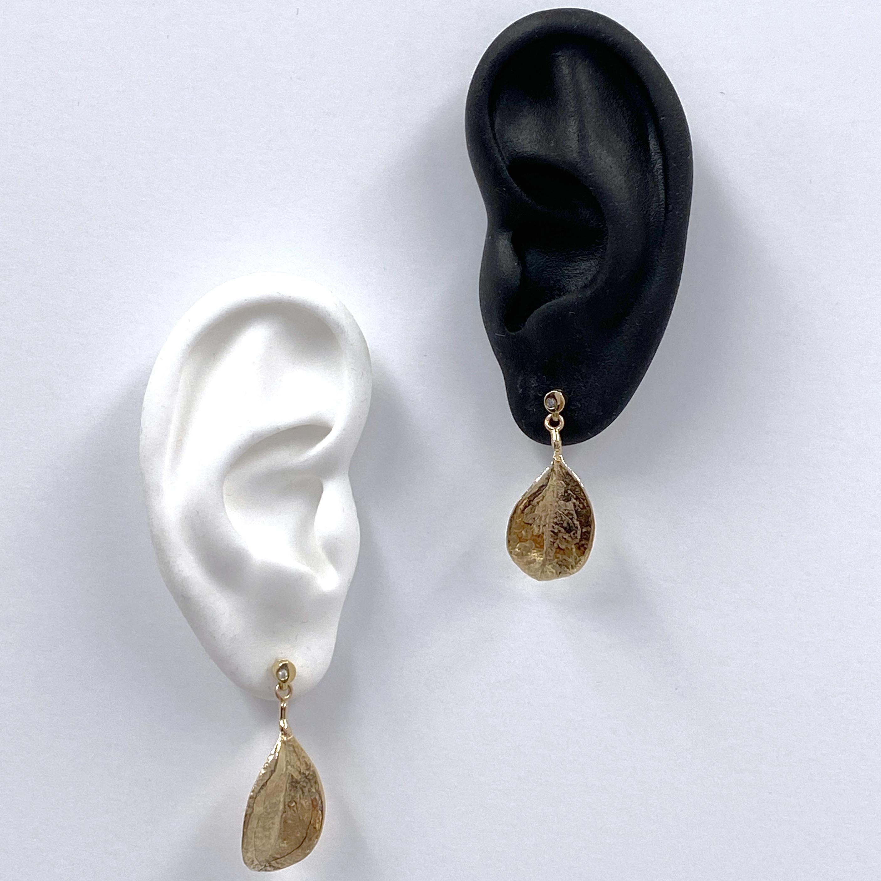 Women's or Men's Mismatched Leaf Dangle Earrings in Yellow Gold with Diamond Accents For Sale