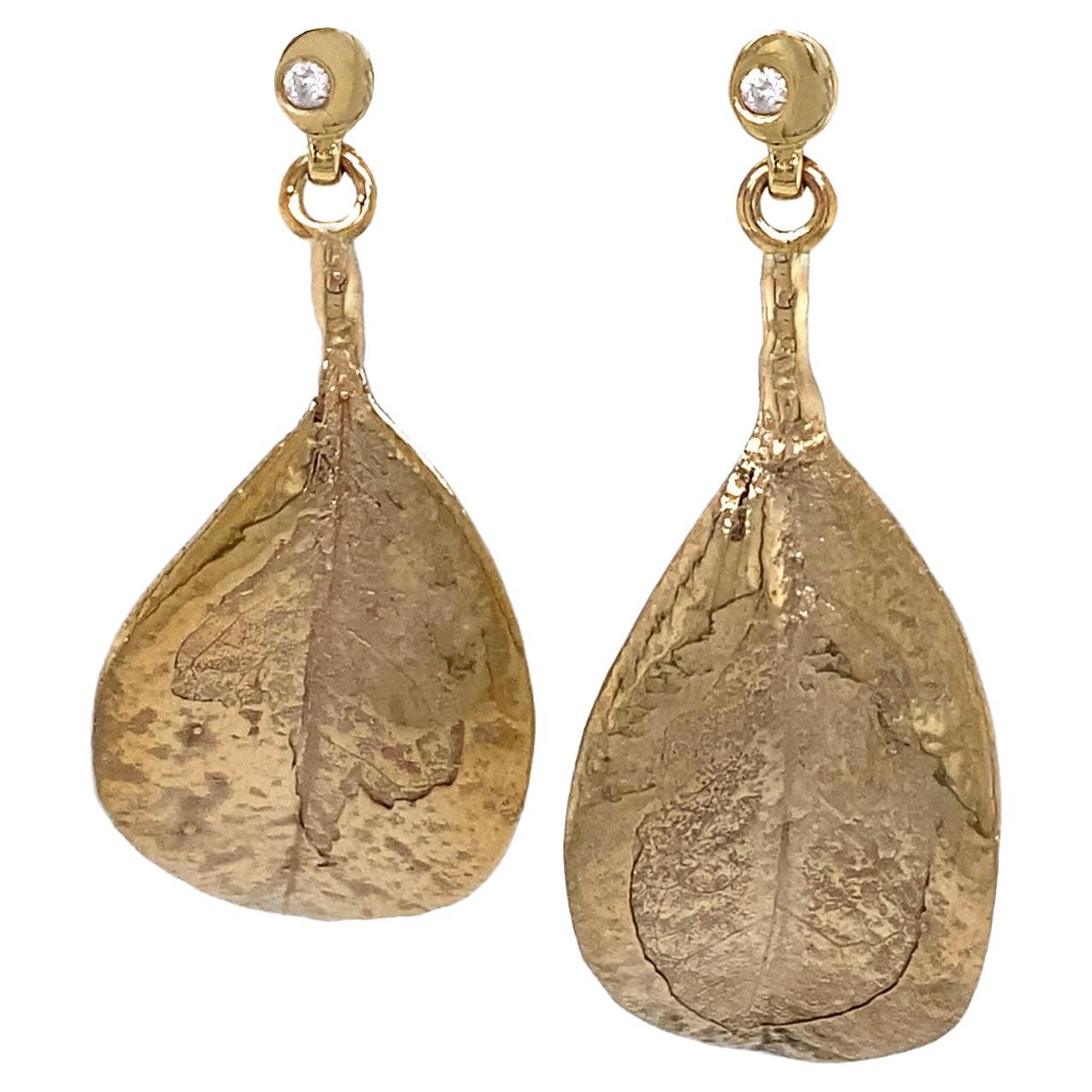 Mismatched Leaf Dangle Earrings in Yellow Gold with Diamond Accents