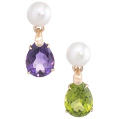 Mismatched Peridot Amethyst Gemstone Earrings Vintage 14k Yellow Gold Pearl Drop