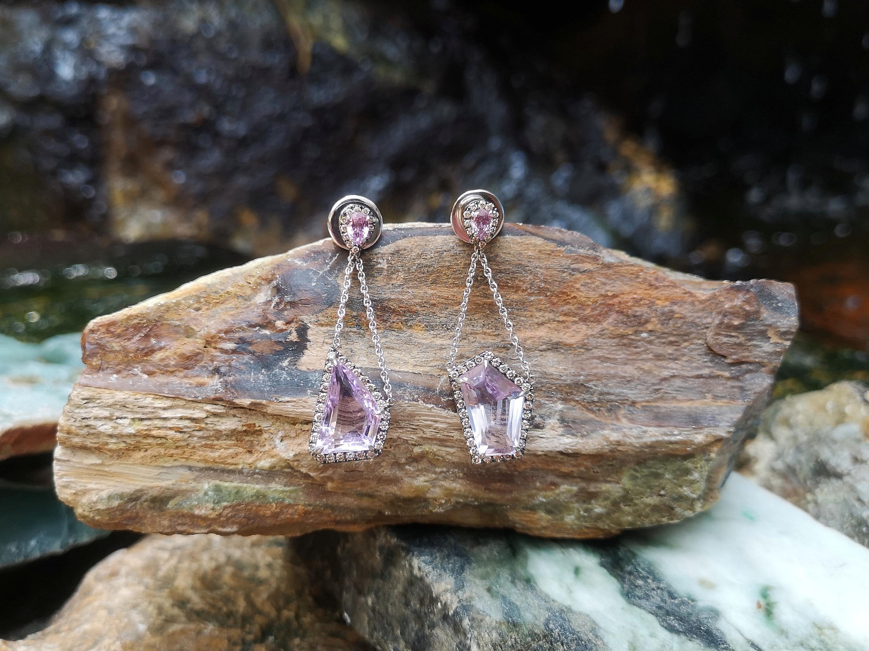 Contemporary Mismatched Pink Amethyst, Pink Sapphire, Brown Diamond Earrings in 18K White Gold For Sale