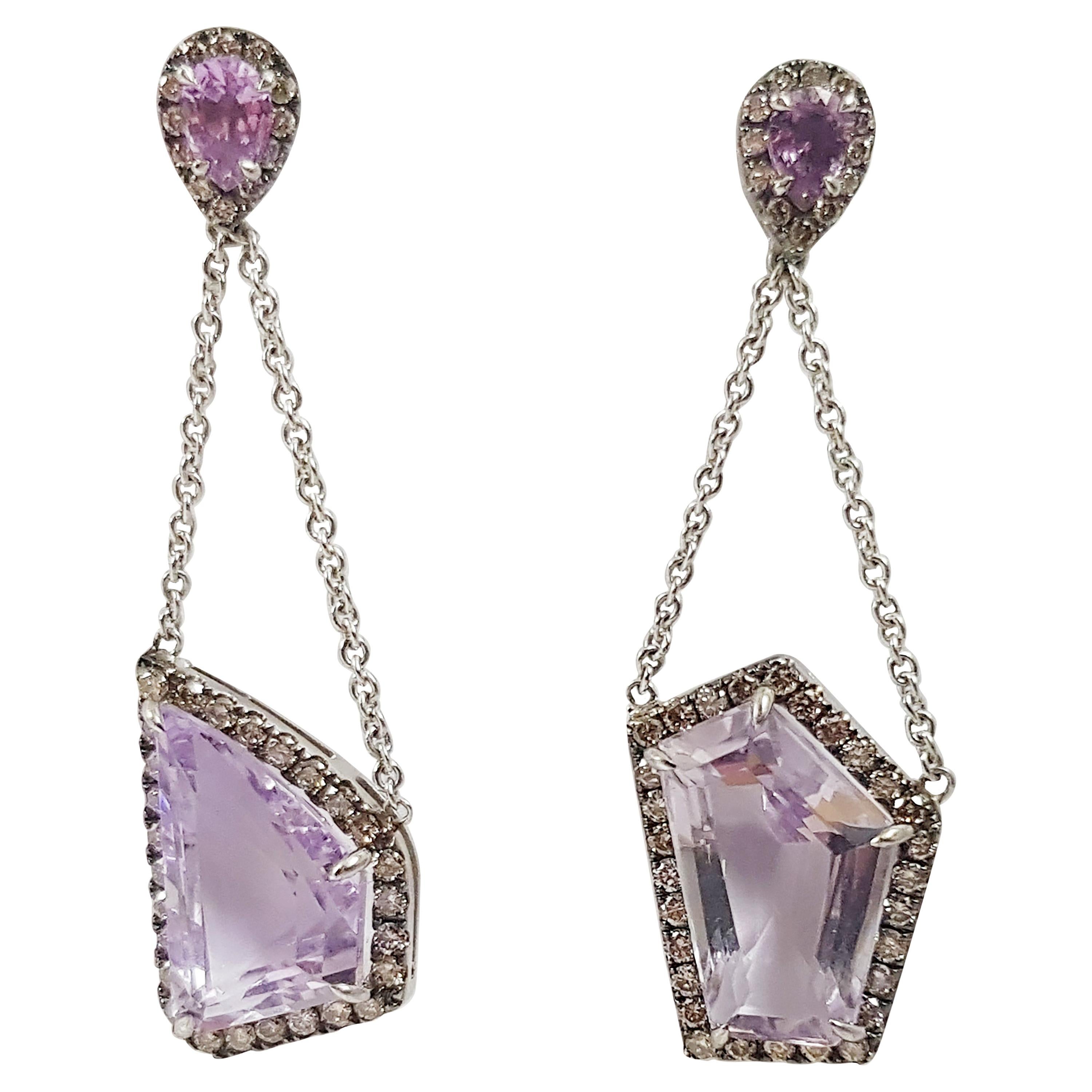 Mismatched Pink Amethyst, Pink Sapphire, Brown Diamond Earrings in 18K White Gold For Sale