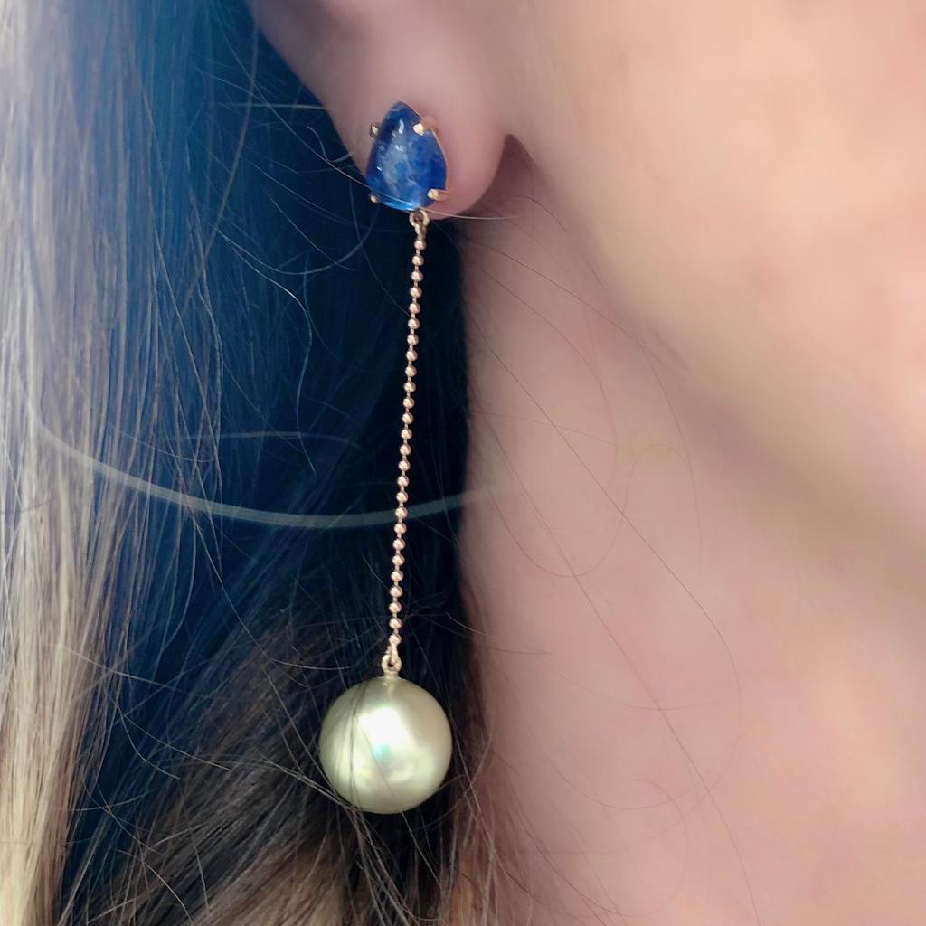 Modern Mismatched Sapphire and Ruby Cabochon with Pistachio Tahitian Pearl Earrings