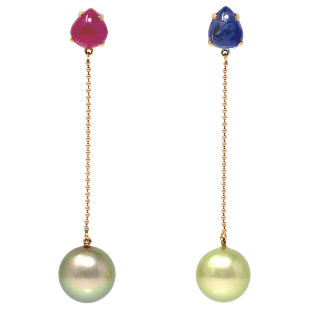 Mismatched Sapphire and Ruby Cabochon with Pistachio Tahitian Pearl Earrings