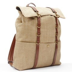 MISMO beige canvas brown leather trim multi gold ring clasp fastening  backpack