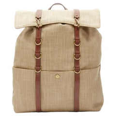 MISMO beige canvas brown leather trim multi gold ring clasp fastening  backpack