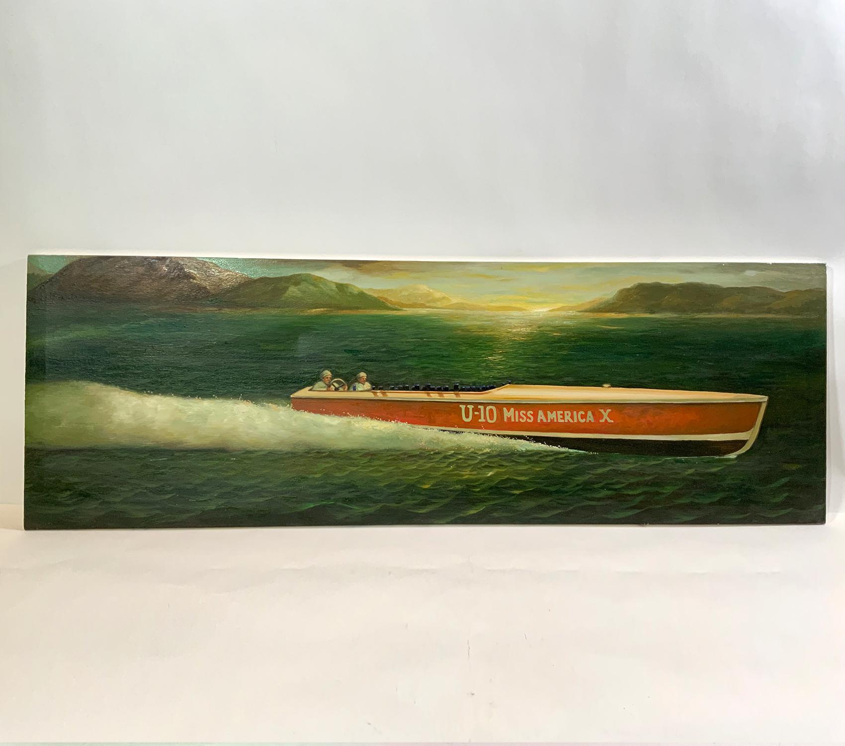 Oil on canvas of the Gold Cup Speedboat Miss America x U-10. Vessel is shown racing at a high speed. Gallery wrap mount over wood frame.

Weight: 8 LBS
Overall Dimensions: 20” H x 60