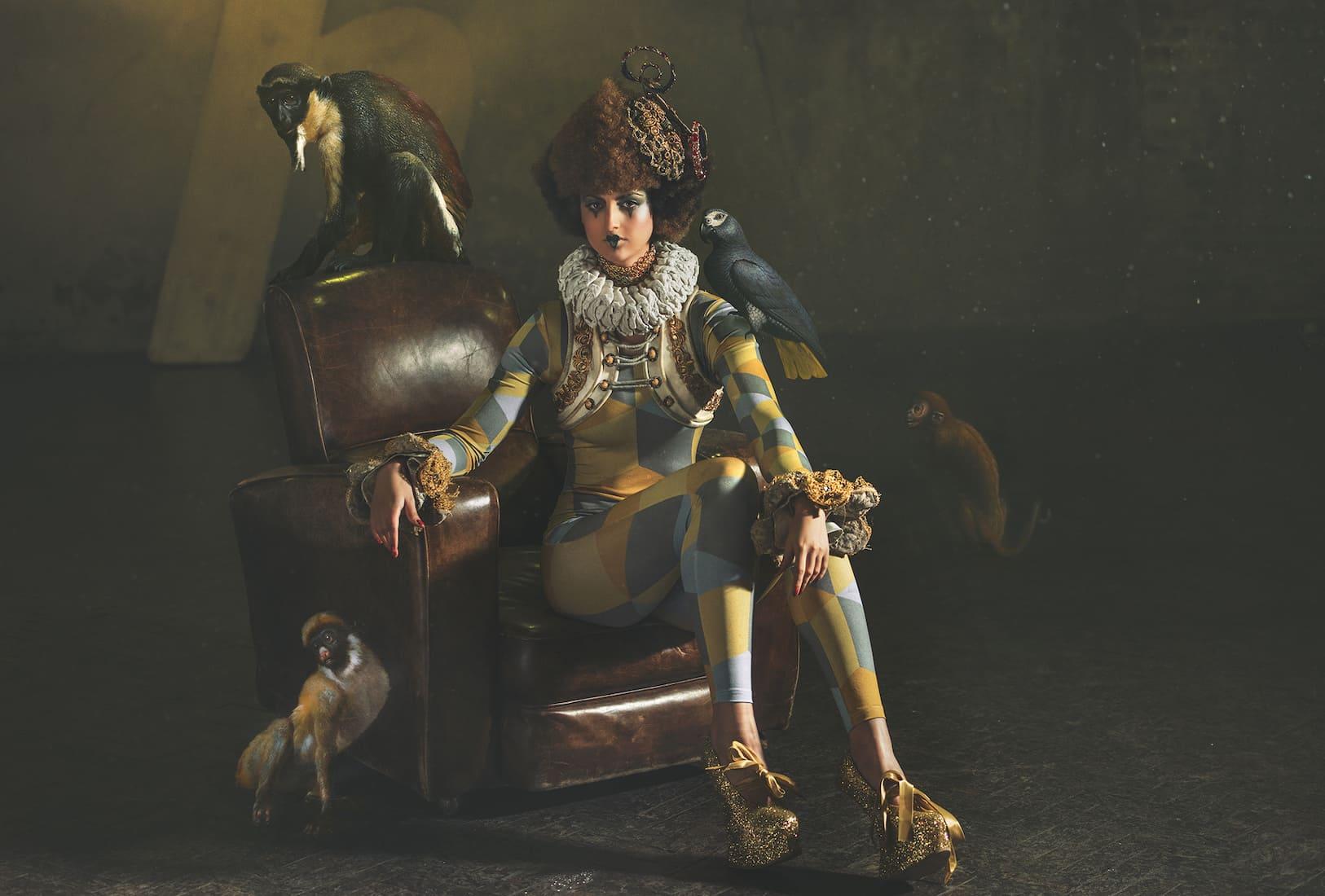 Miss Aniela Color Photograph - Circus Circus (Surreal Fashion) - photography, woman with monkeys