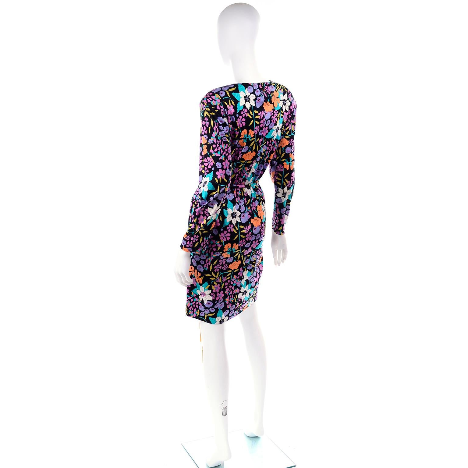 Miss Bessi Italy Vintage Colorful Floral Cotton Jersey Dress With Tassel Belt In Excellent Condition In Portland, OR