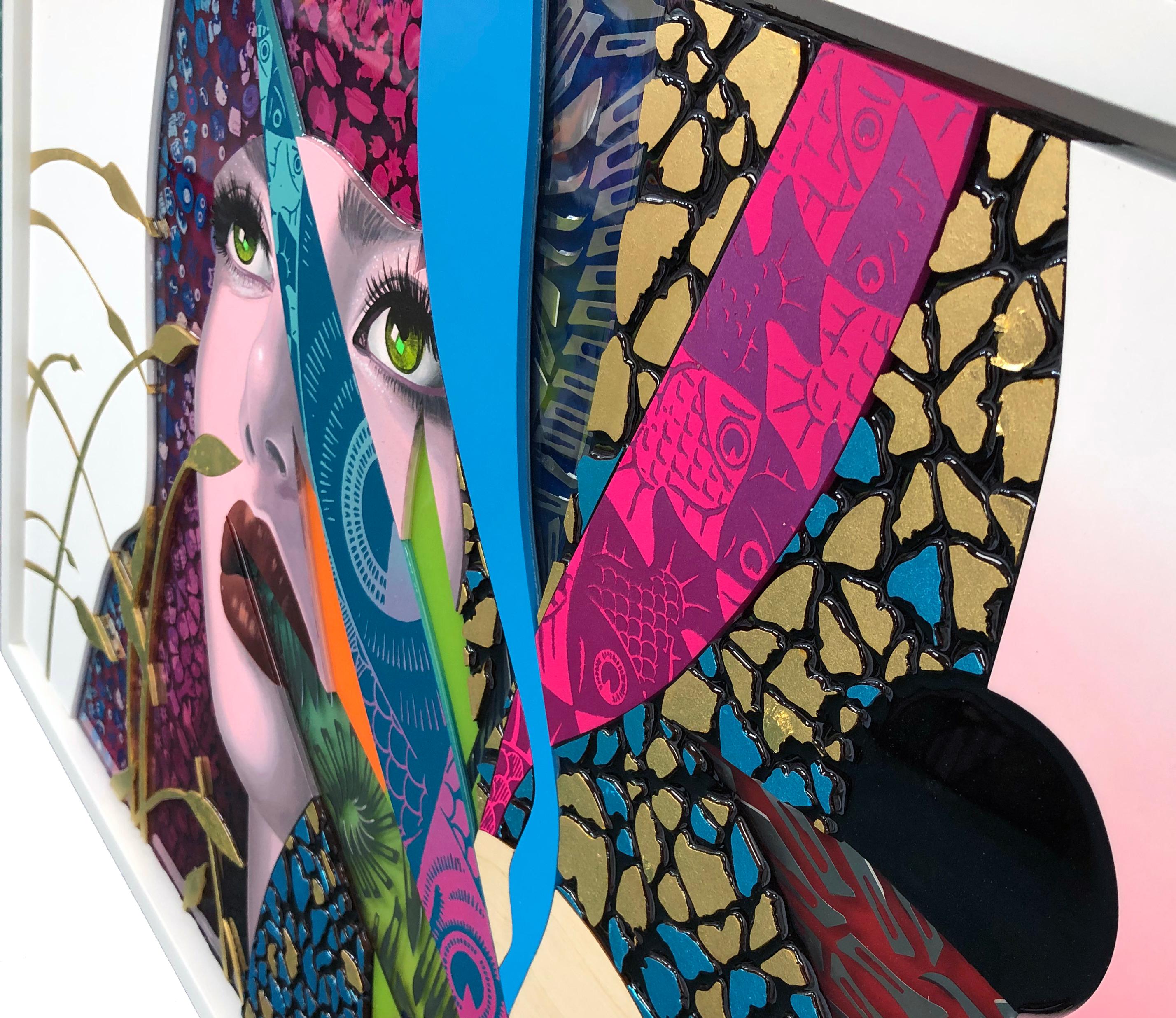 Acrylmalerei - gemischte Medien, Papierschnitte, chirurgische Klingen, mit 24 Karat Blattgold geprägte Schmetterlingsflügel, in Harz gegossener Schwimmer auf Holz und Aluminium mit weißem, musealem Rahmen aus tiefem Holz.  Eine einzigartige Variante