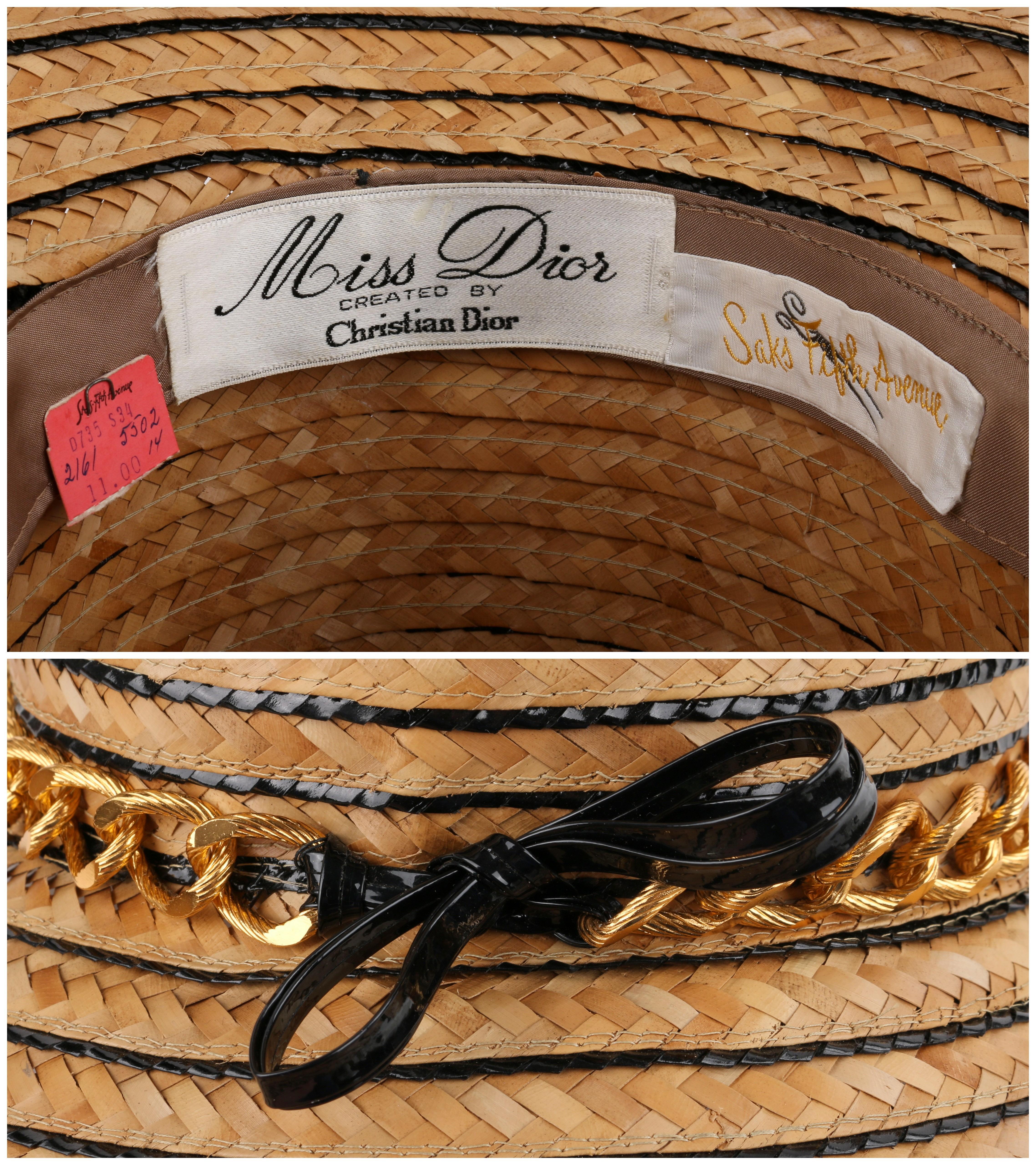 Miss Dior by CHRISTIAN DIOR c.1960’s Black Gold Woven Straw Bow Chain Sun Hat 3