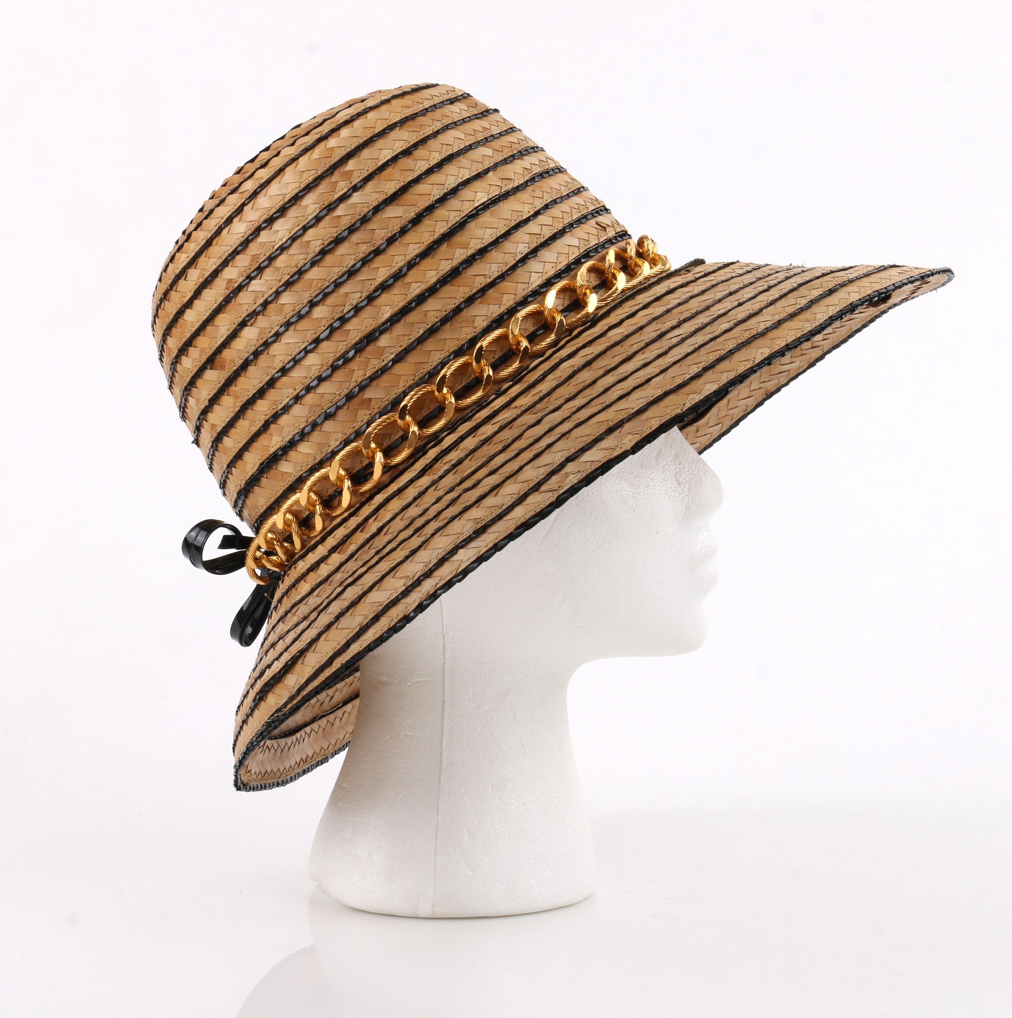 Brown Miss Dior by CHRISTIAN DIOR c.1960’s Black Gold Woven Straw Bow Chain Sun Hat