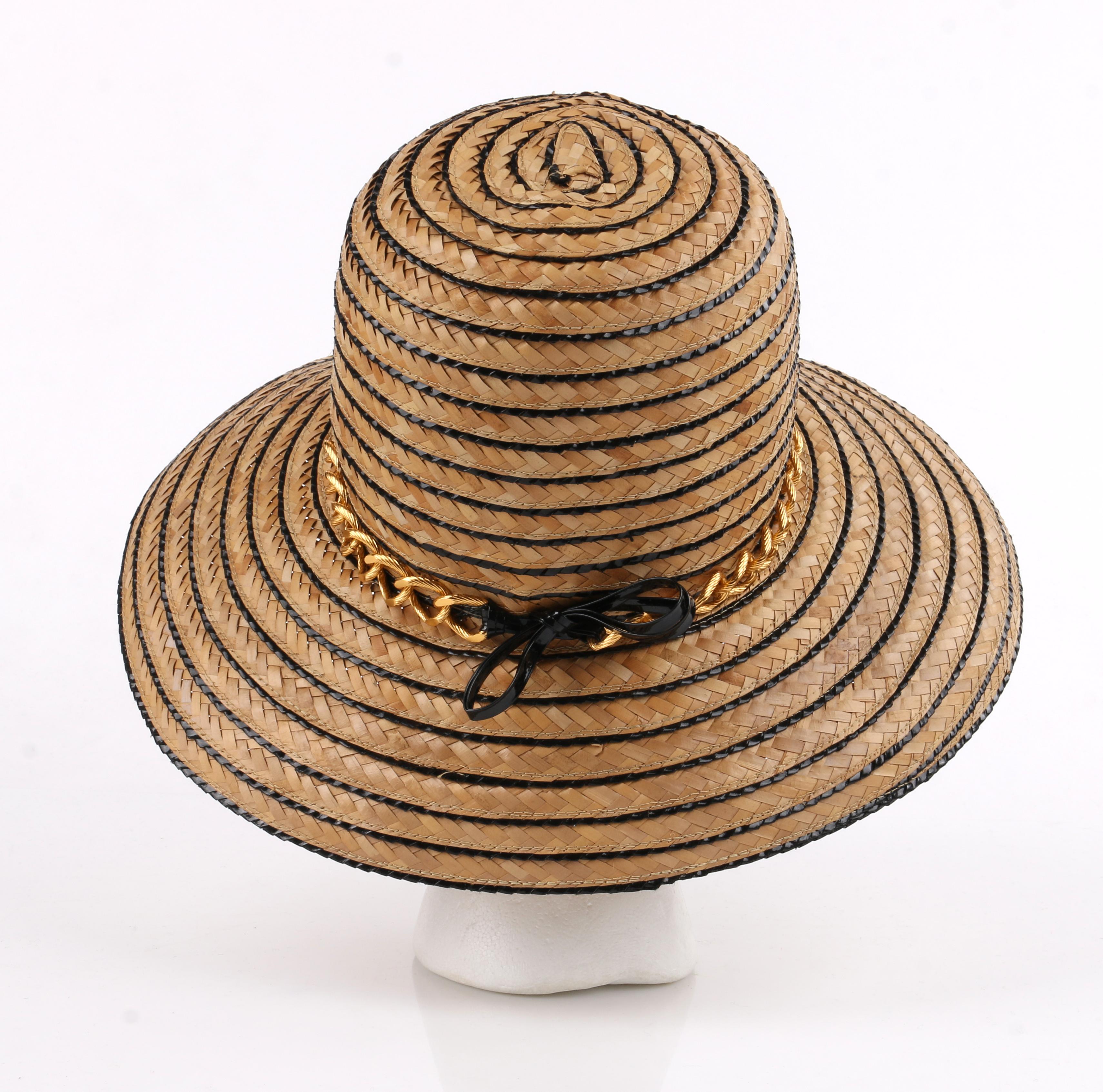 Miss Dior by CHRISTIAN DIOR c.1960’s Black Gold Woven Straw Bow Chain Sun Hat In Excellent Condition In Thiensville, WI