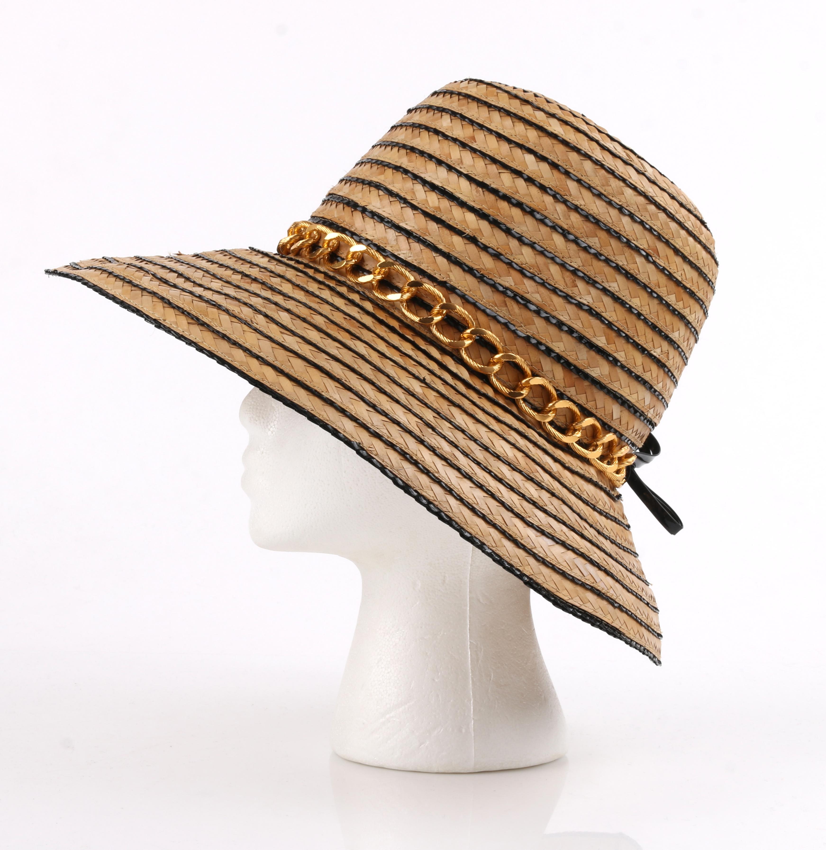 Women's Miss Dior by CHRISTIAN DIOR c.1960’s Black Gold Woven Straw Bow Chain Sun Hat