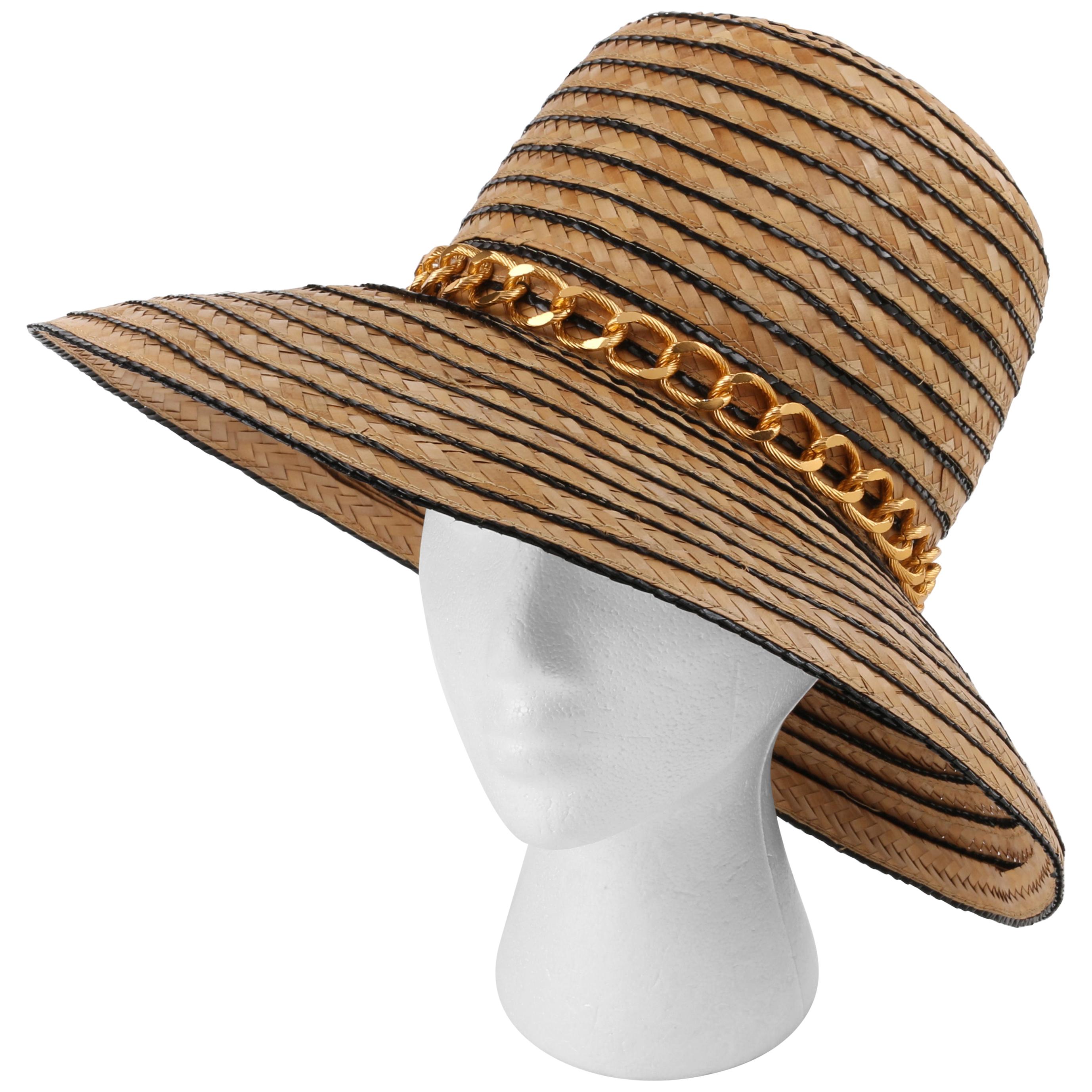 Miss Dior by CHRISTIAN DIOR c.1960’s Black Gold Woven Straw Bow Chain Sun Hat