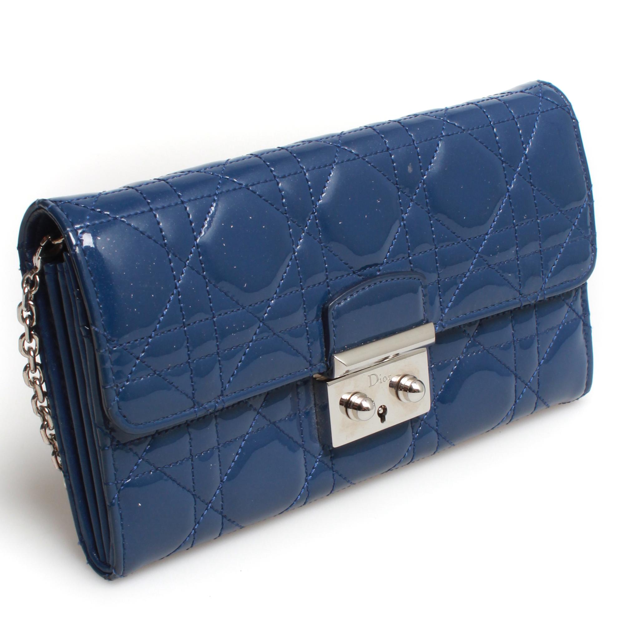 Patent leather quilted Miss Dior Rendezvous wallet on chain with silver hardware.
