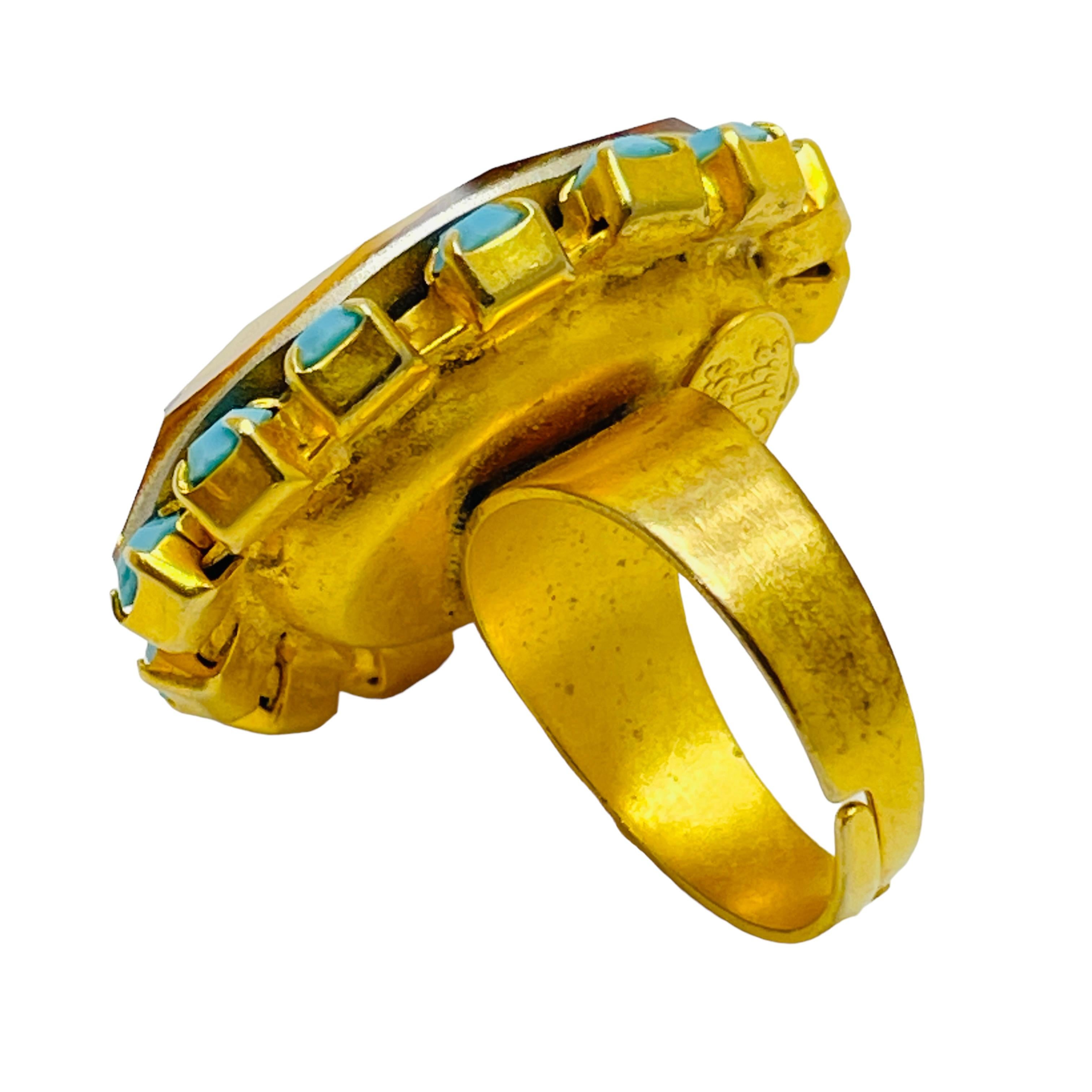 Women's or Men's MISS ELLIE signed gold tone with glass stones designer runway ring For Sale