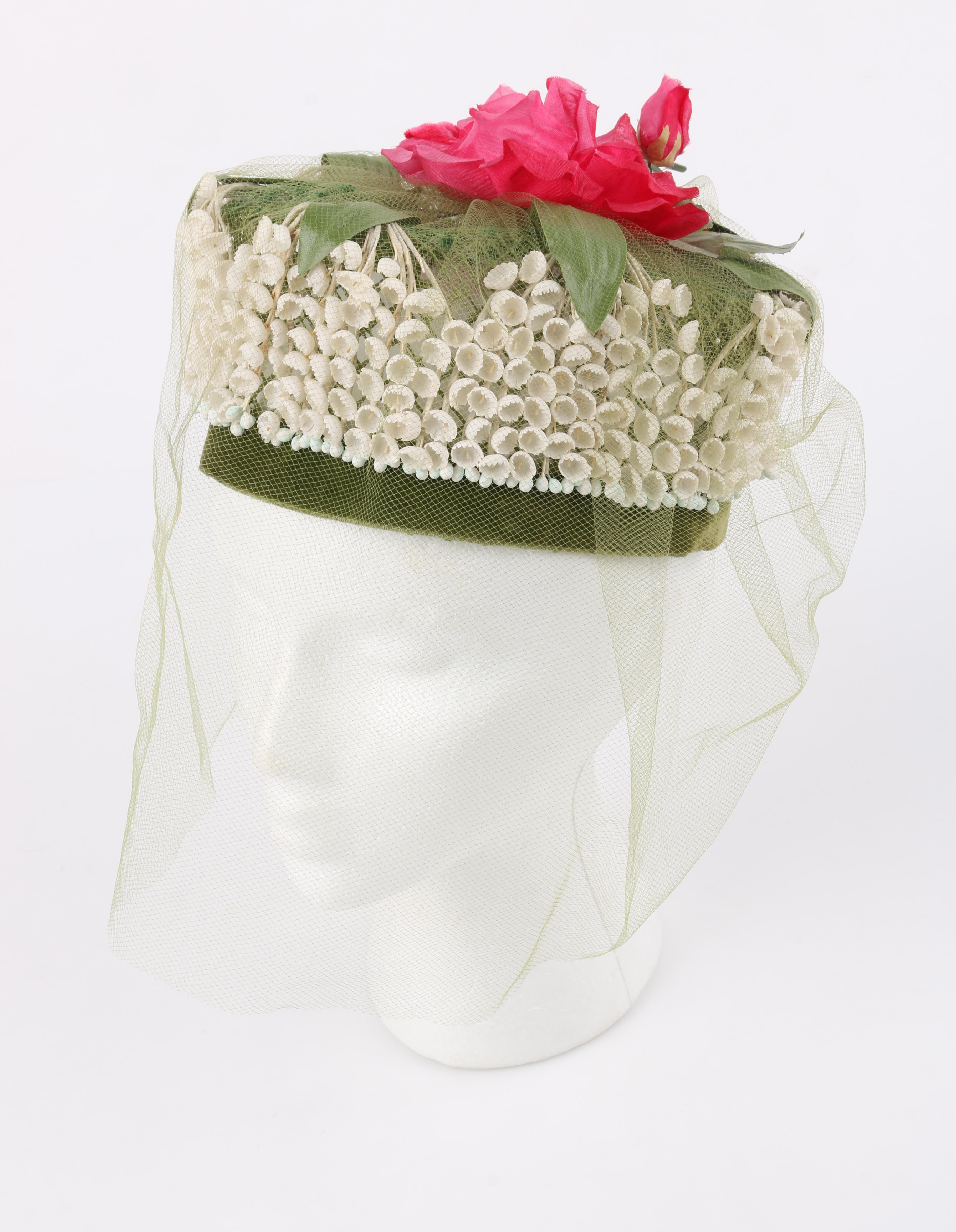 Beige MISS FEIGE c.1960's Lily of the Valley Veiled Floral Garden Party Pillbox Hat