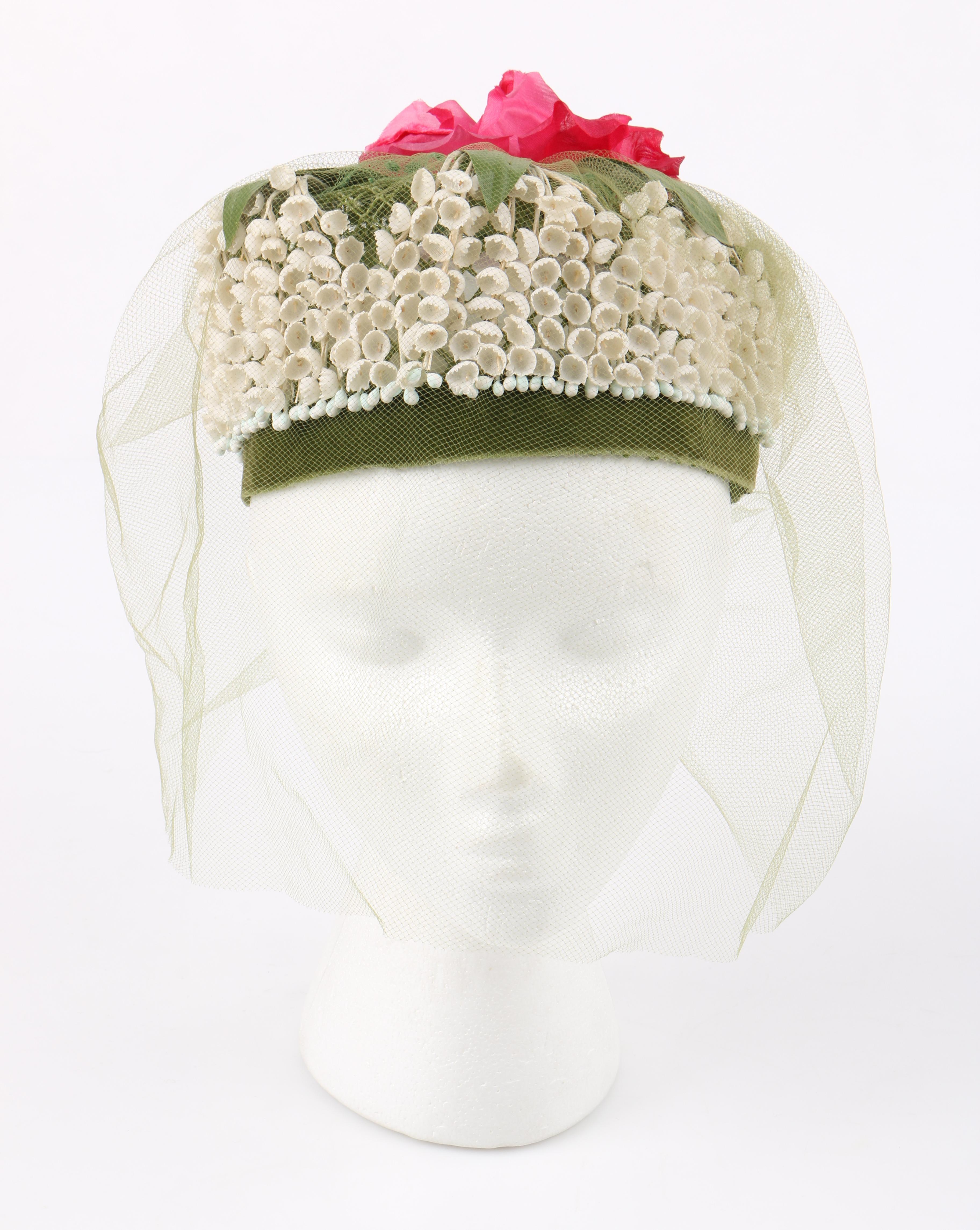 MISS FEIGE c.1960's Lily of the Valley Veiled Floral Garden Party Pillbox Hat In Excellent Condition In Thiensville, WI