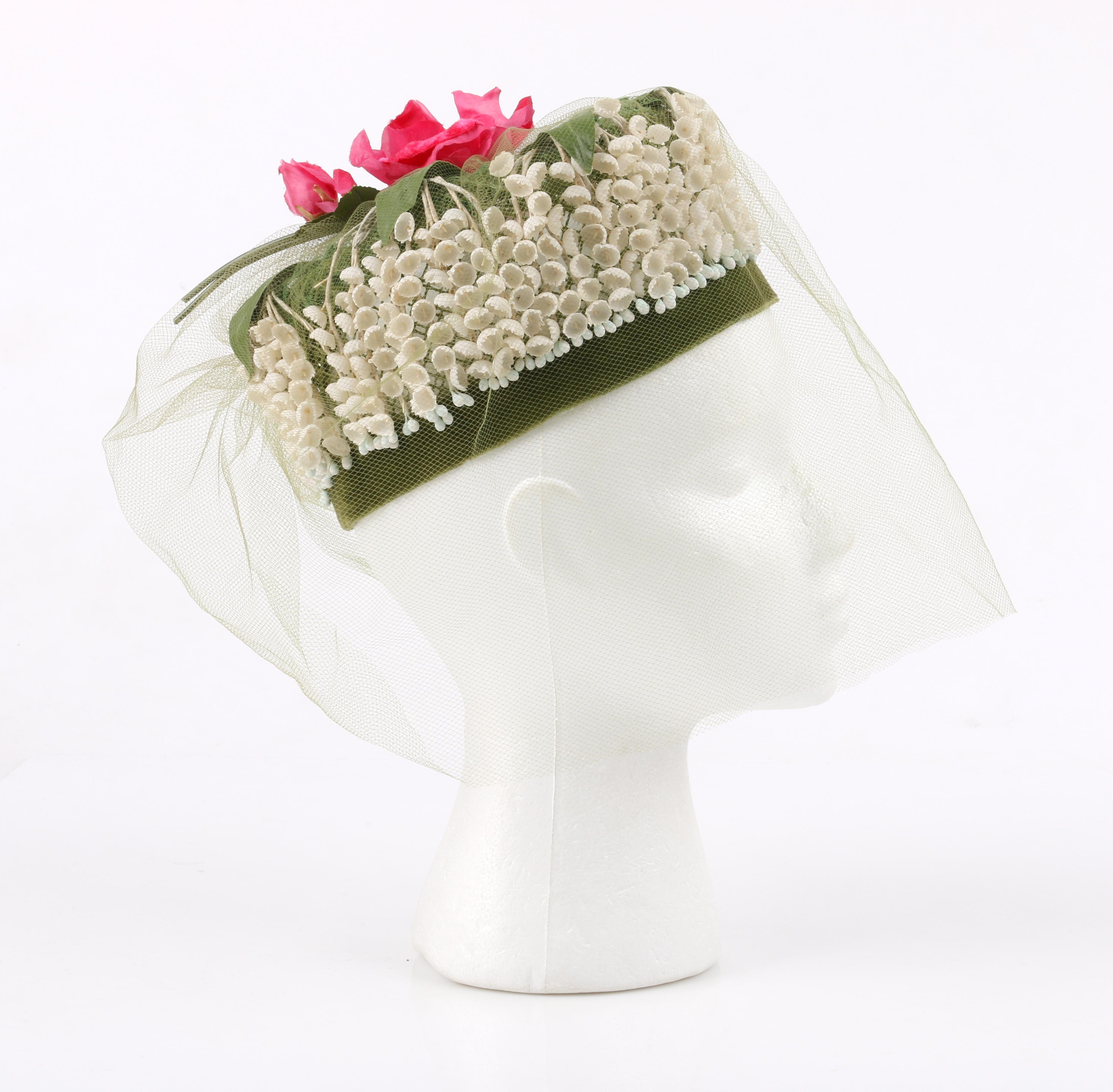 Women's MISS FEIGE c.1960's Lily of the Valley Veiled Floral Garden Party Pillbox Hat