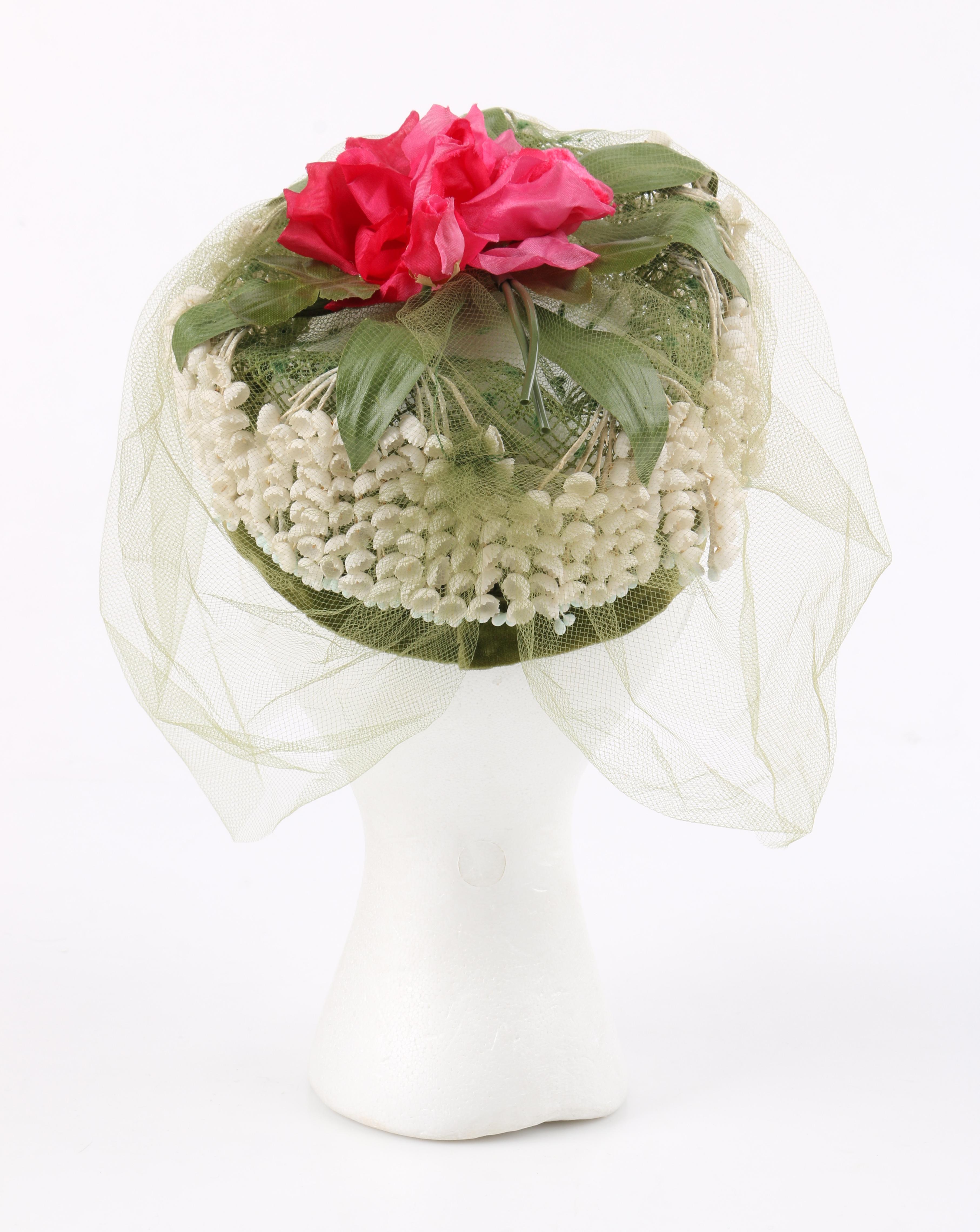 MISS FEIGE c.1960's Lily of the Valley Veiled Floral Garden Party Pillbox Hat 1