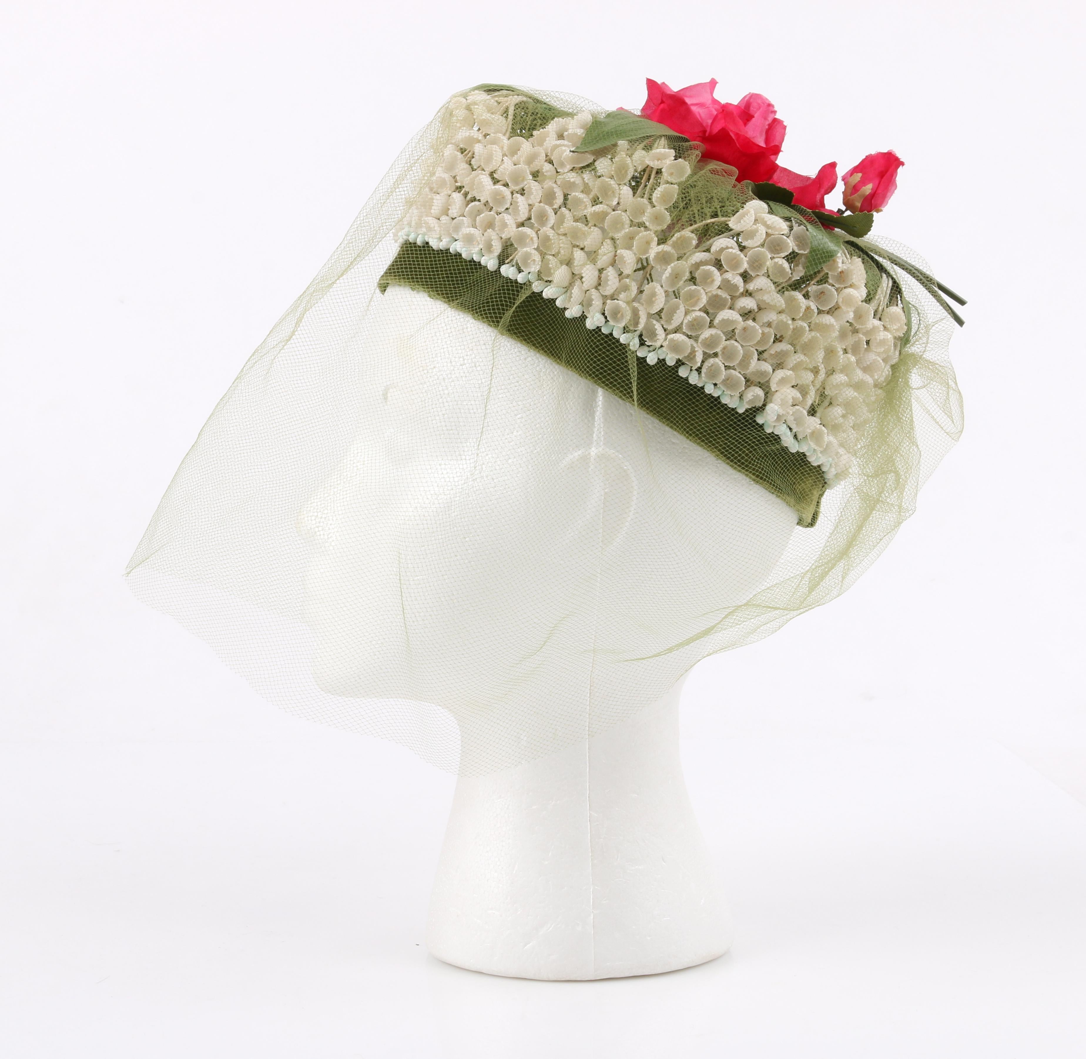 MISS FEIGE c.1960's Lily of the Valley Veiled Floral Garden Party Pillbox Hat 2