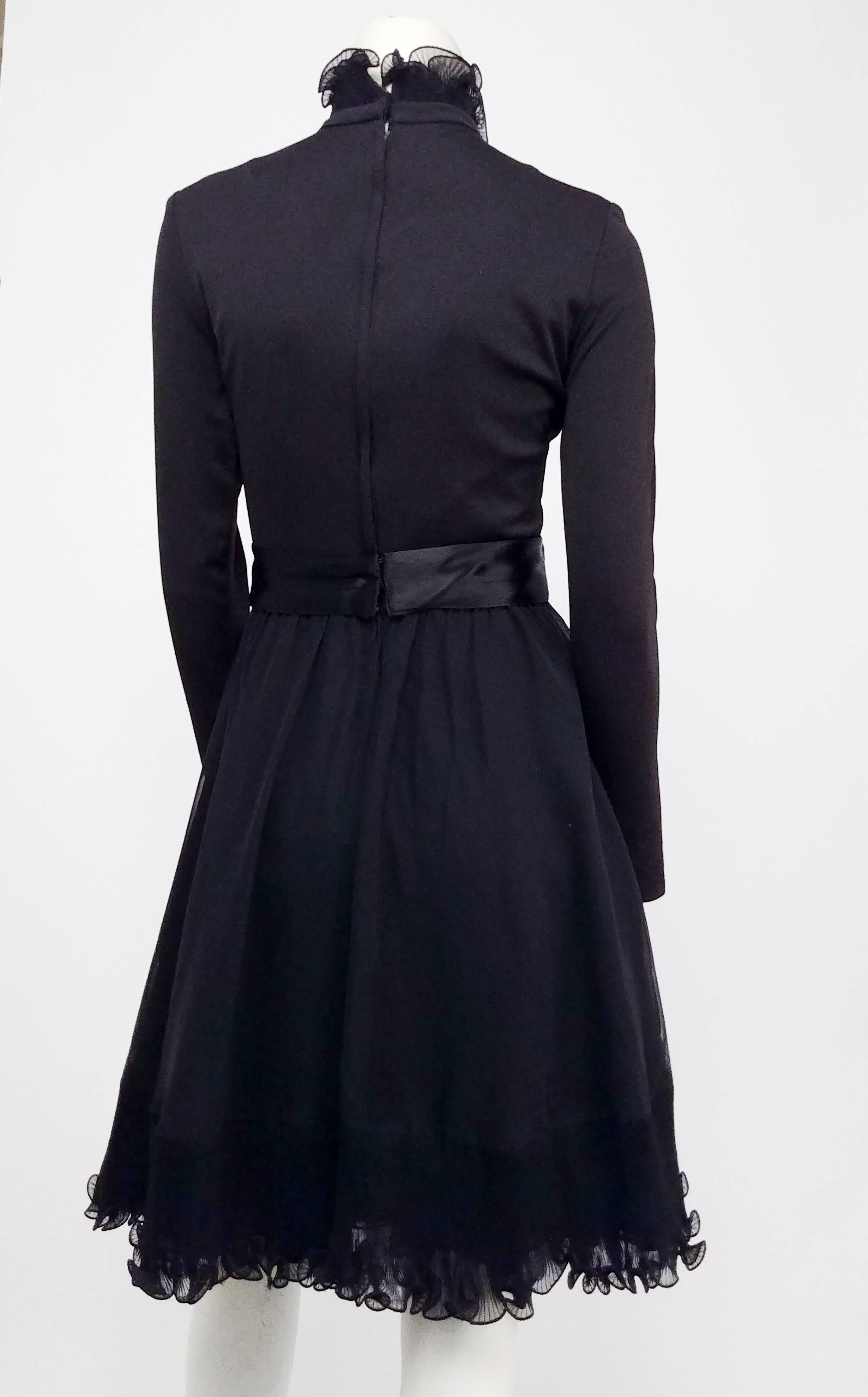 Miss. Magnin Black Cocktail Dress w/ Ruffled Skirt, 1960s In Good Condition For Sale In San Francisco, CA