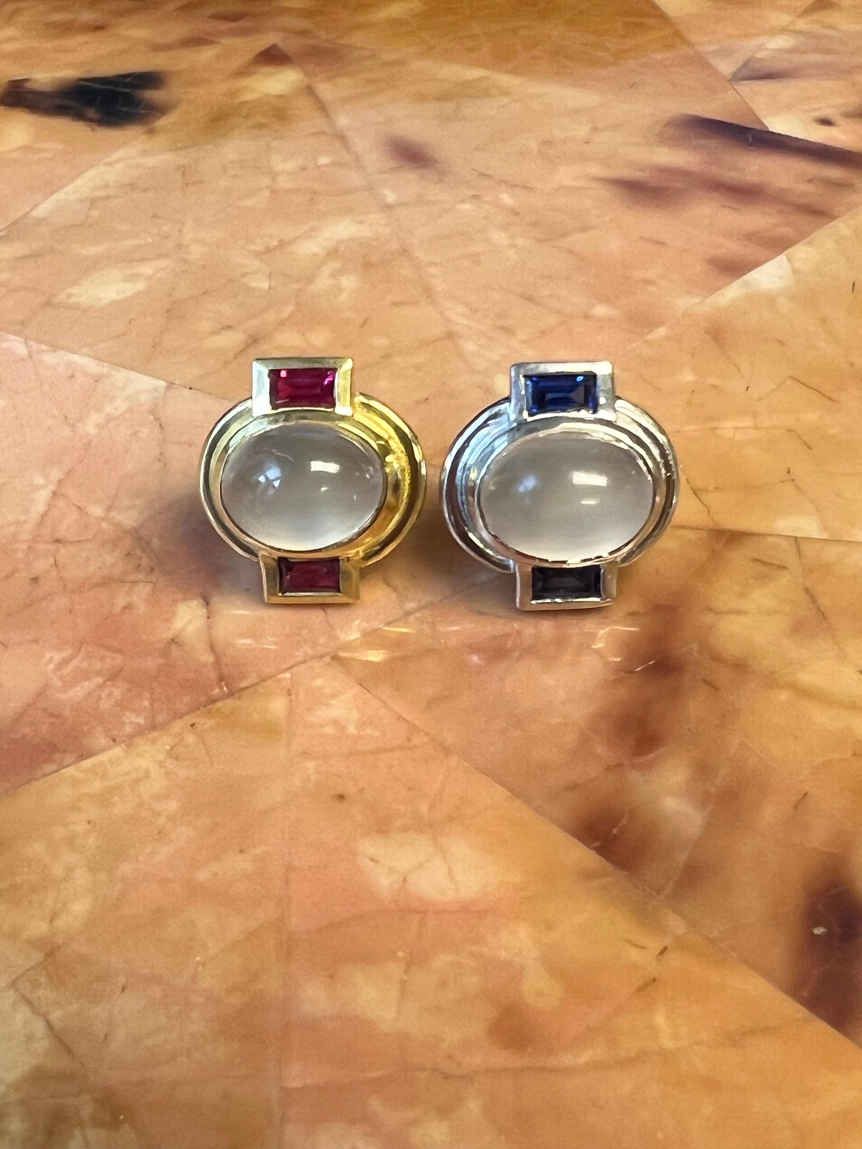 Cabochon Miss Match 18k Yellow/White Gold Moonstone Cabs Rubies Sapphires Stud Earrings For Sale