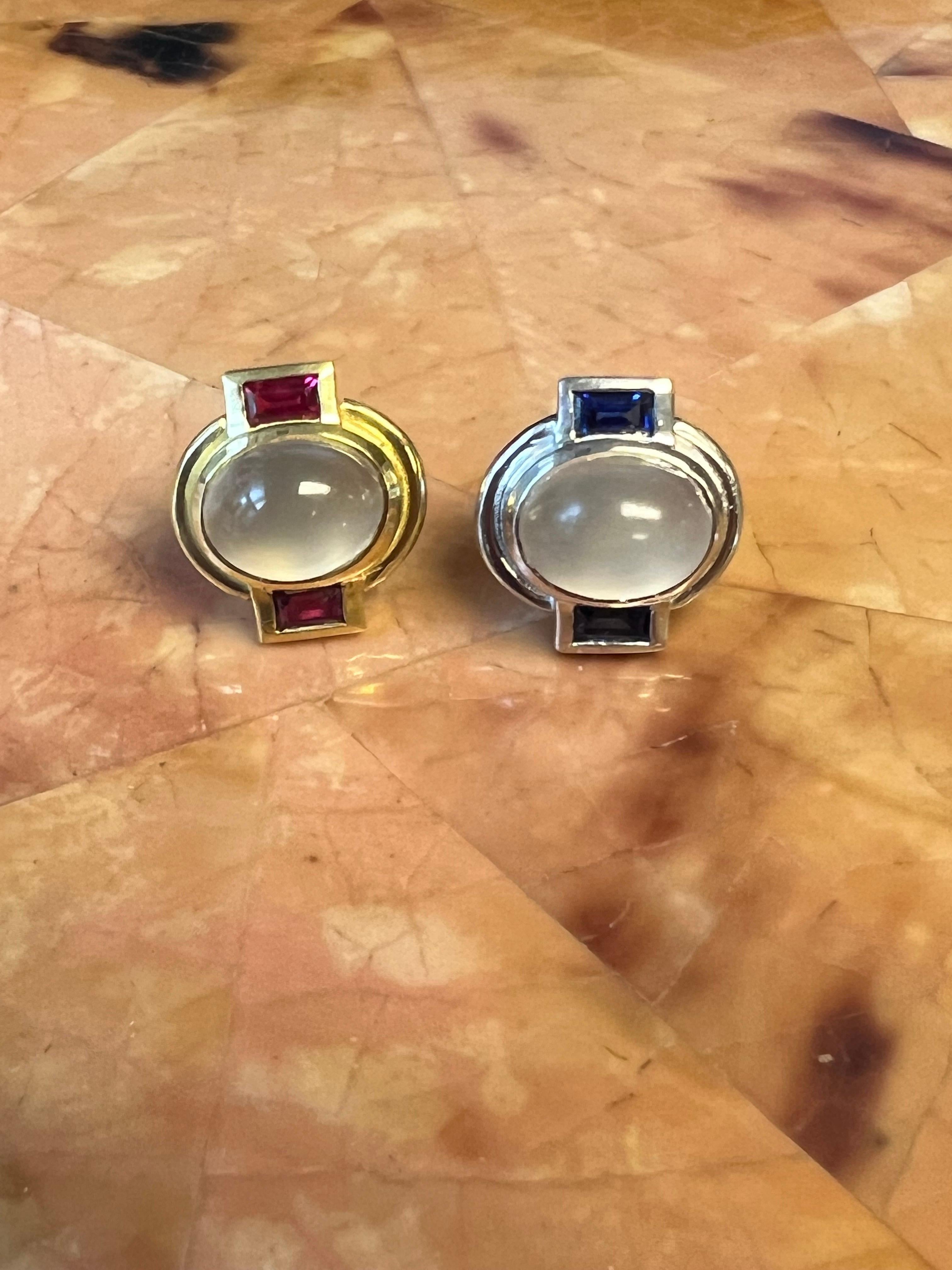 Miss Match 18k Yellow/White Gold Moonstone Cabs Rubies Sapphires Stud Earrings In New Condition For Sale In New York, NY
