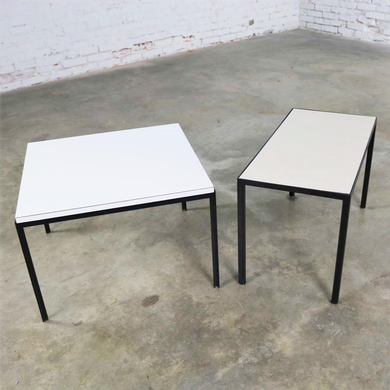 American Miss Matched Mid-Century Modern Black Wrought Iron Side Tables with Laminate Top
