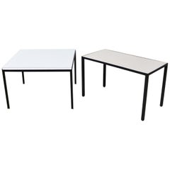 Vintage Miss Matched Mid-Century Modern Black Wrought Iron Side Tables with Laminate Top